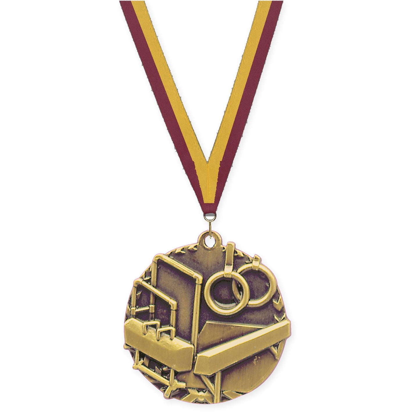 1 3/4 inch gymnastics Millennium medal in antique gold with Maroon Gold neck ribbon