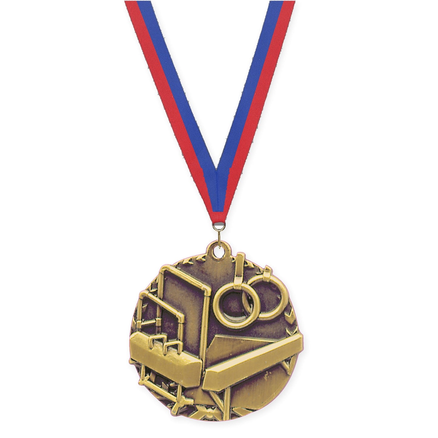 1 3/4 inch gymnastics Millennium medal in antique gold with Blue Red neck ribbon