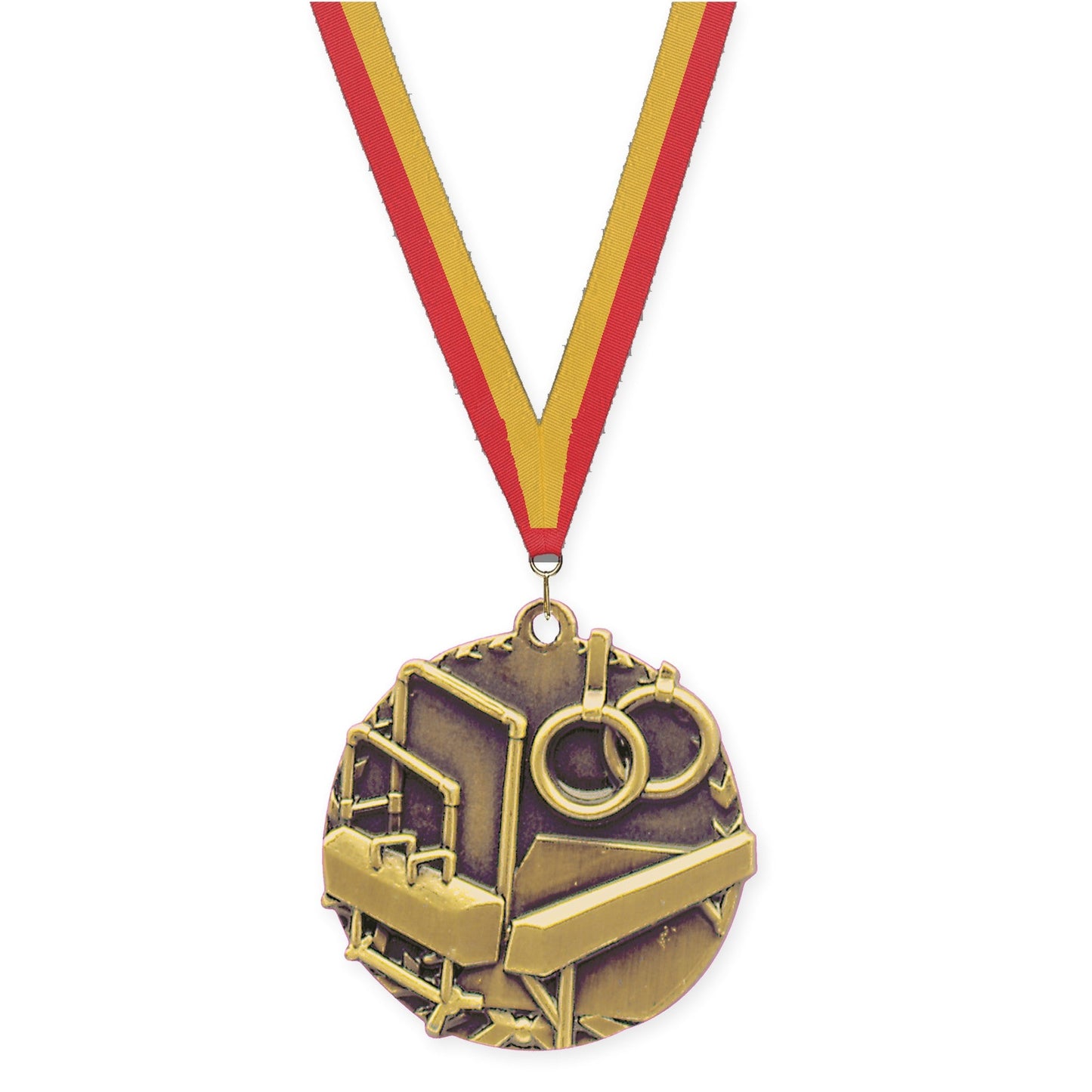 1 3/4 inch gymnastics Millennium medal in antique gold with Red Gold neck ribbon
