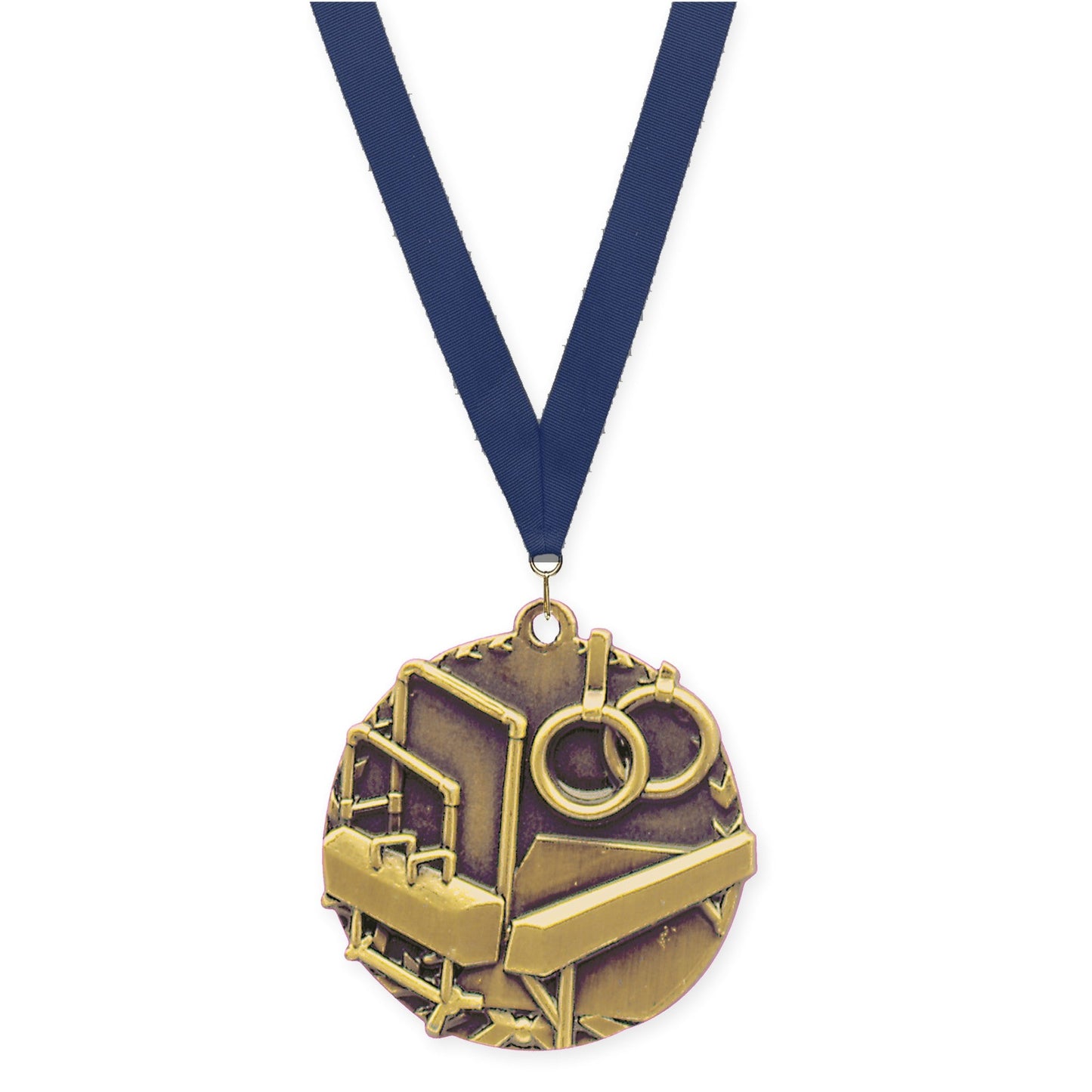 1 3/4 inch gymnastics Millennium medal in antique gold with Navy neck ribbon