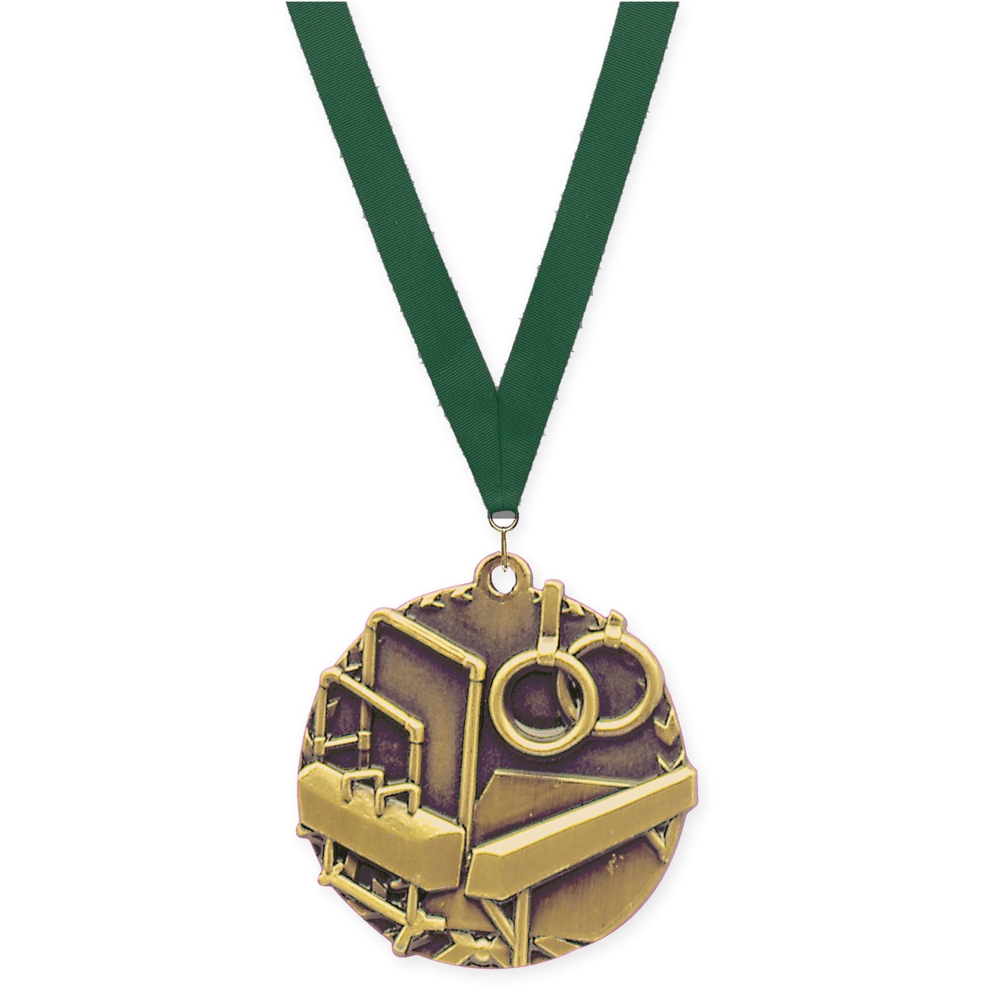 1 3/4 inch gymnastics Millennium medal in antique gold with Hunter Green neck ribbon