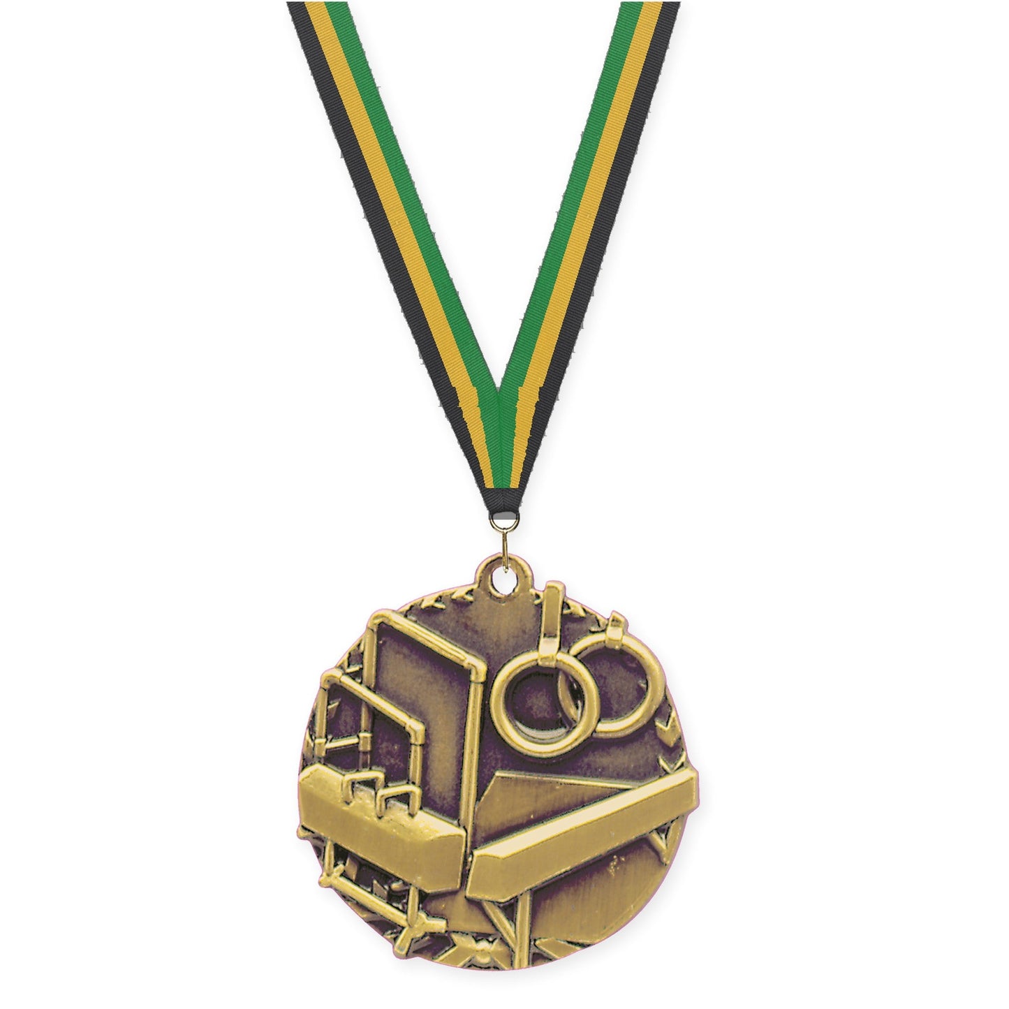1 3/4 inch gymnastics Millennium medal in antique gold with Black Gold Green neck ribbon