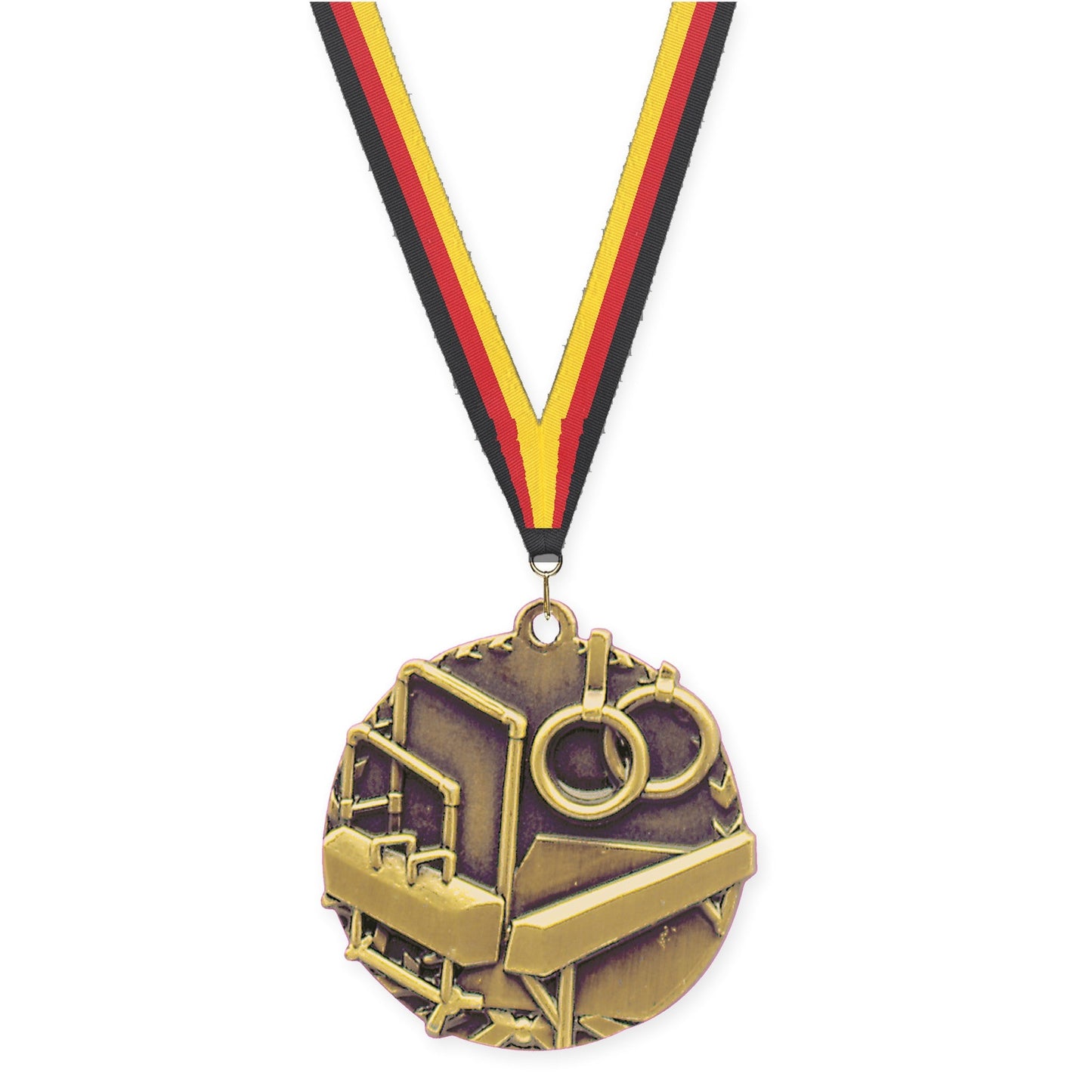 1 3/4 inch gymnastics Millennium medal in antique gold with Black Red Yellow neck ribbon