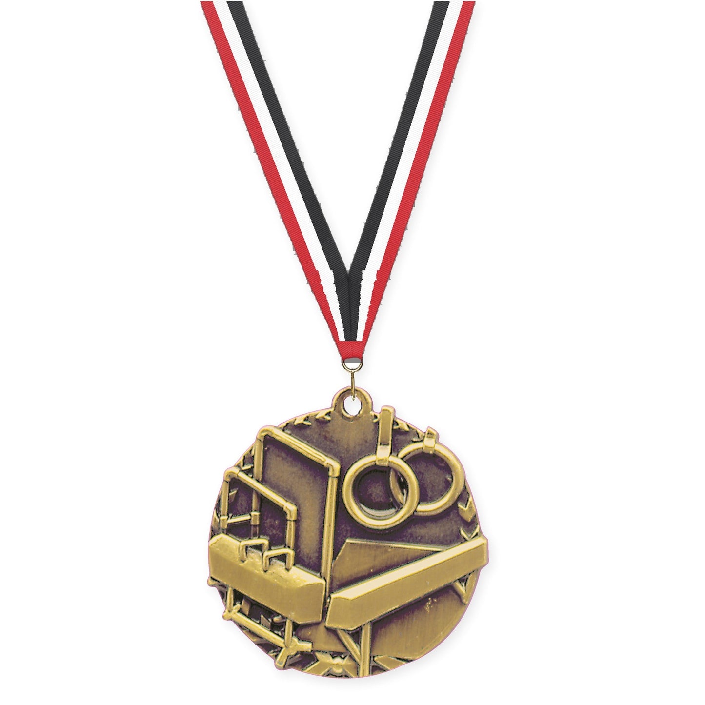 1 3/4 inch gymnastics Millennium medal in antique gold with Red White Black neck ribbon