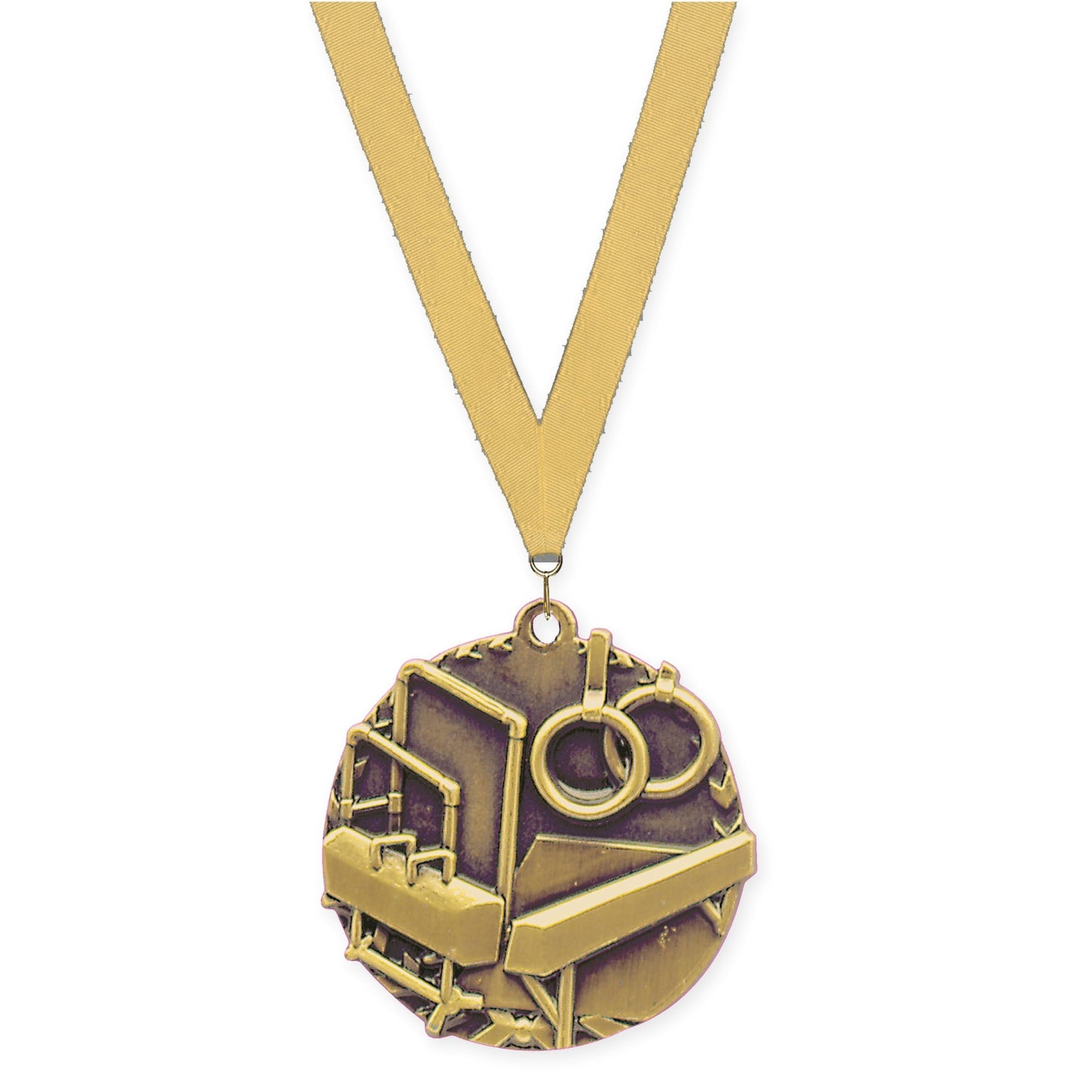 1 3/4 inch gymnastics Millennium medal in antique gold with Gold Metallic neck ribbon