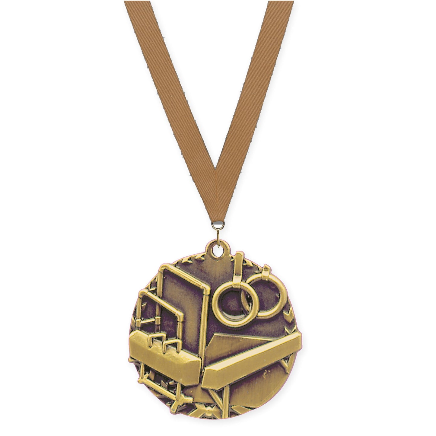 1 3/4 inch gymnastics Millennium medal in antique gold with Bronze Metallic neck ribbon