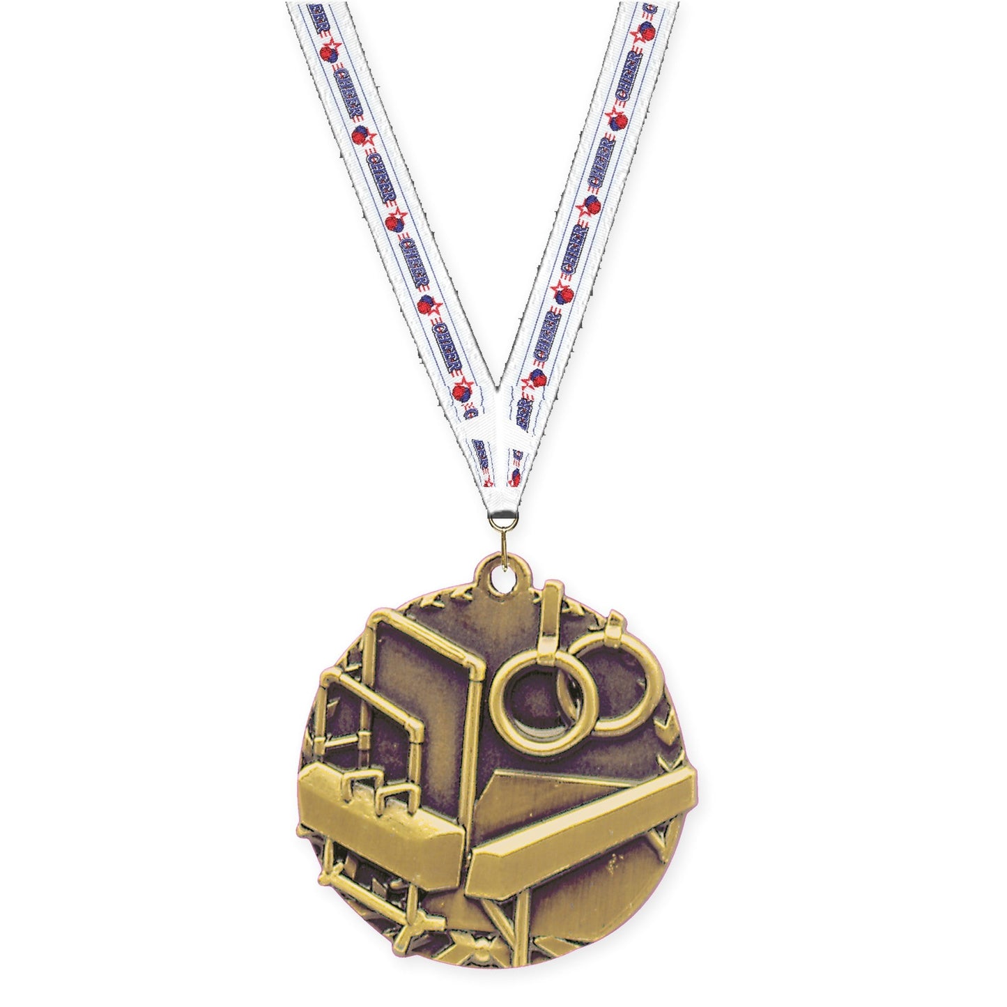 1 3/4 inch gymnastics Millennium medal in antique gold with Cheerleading neck ribbon