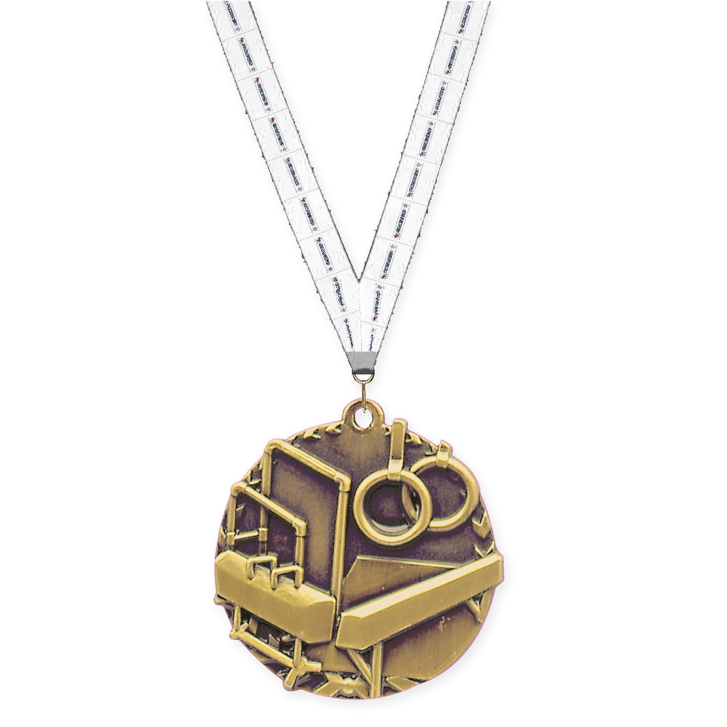 1 3/4 inch gymnastics Millennium medal in antique gold with Gymnastics neck ribbon