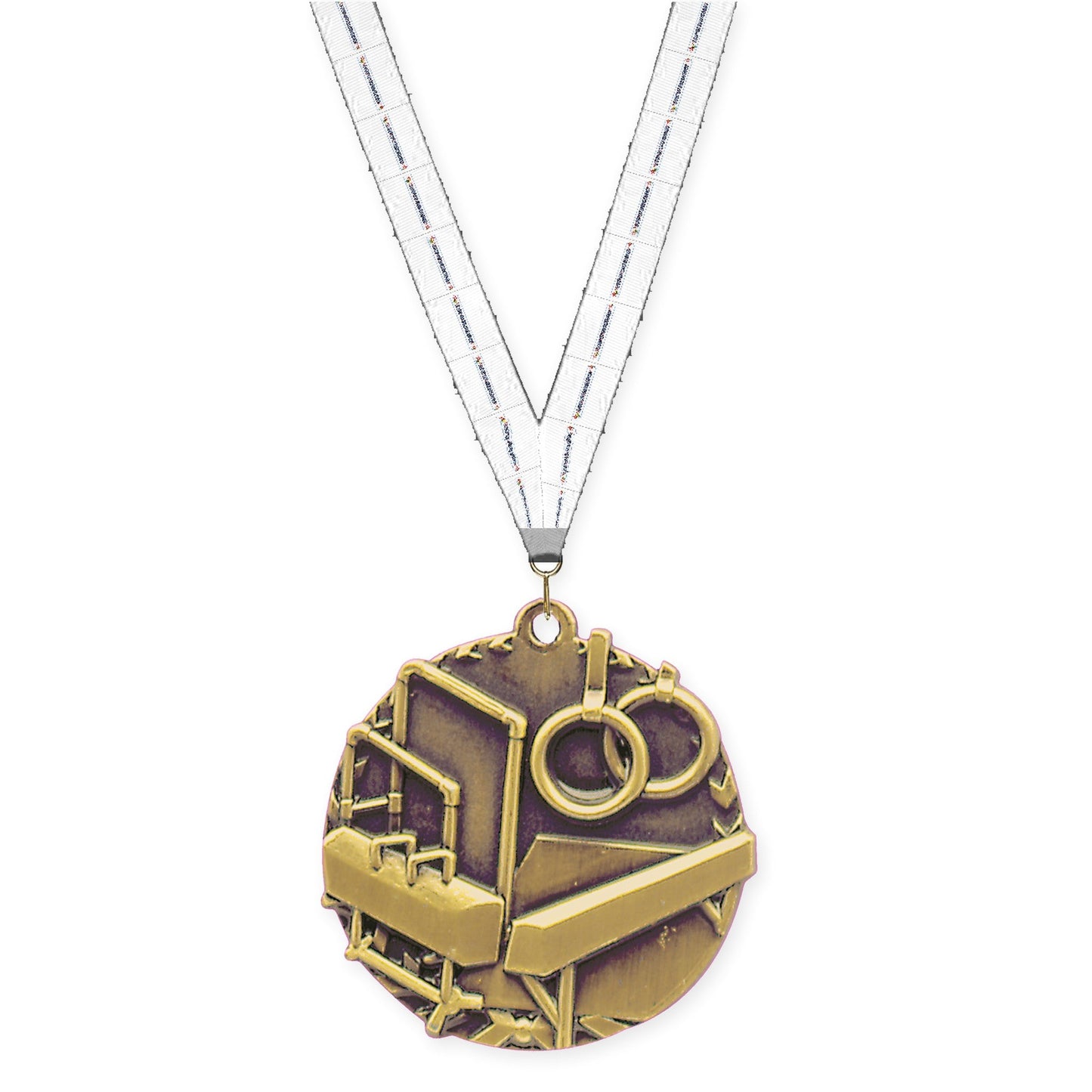 1 3/4 inch gymnastics Millennium medal in antique gold with Lamp Of Knowledge neck ribbon