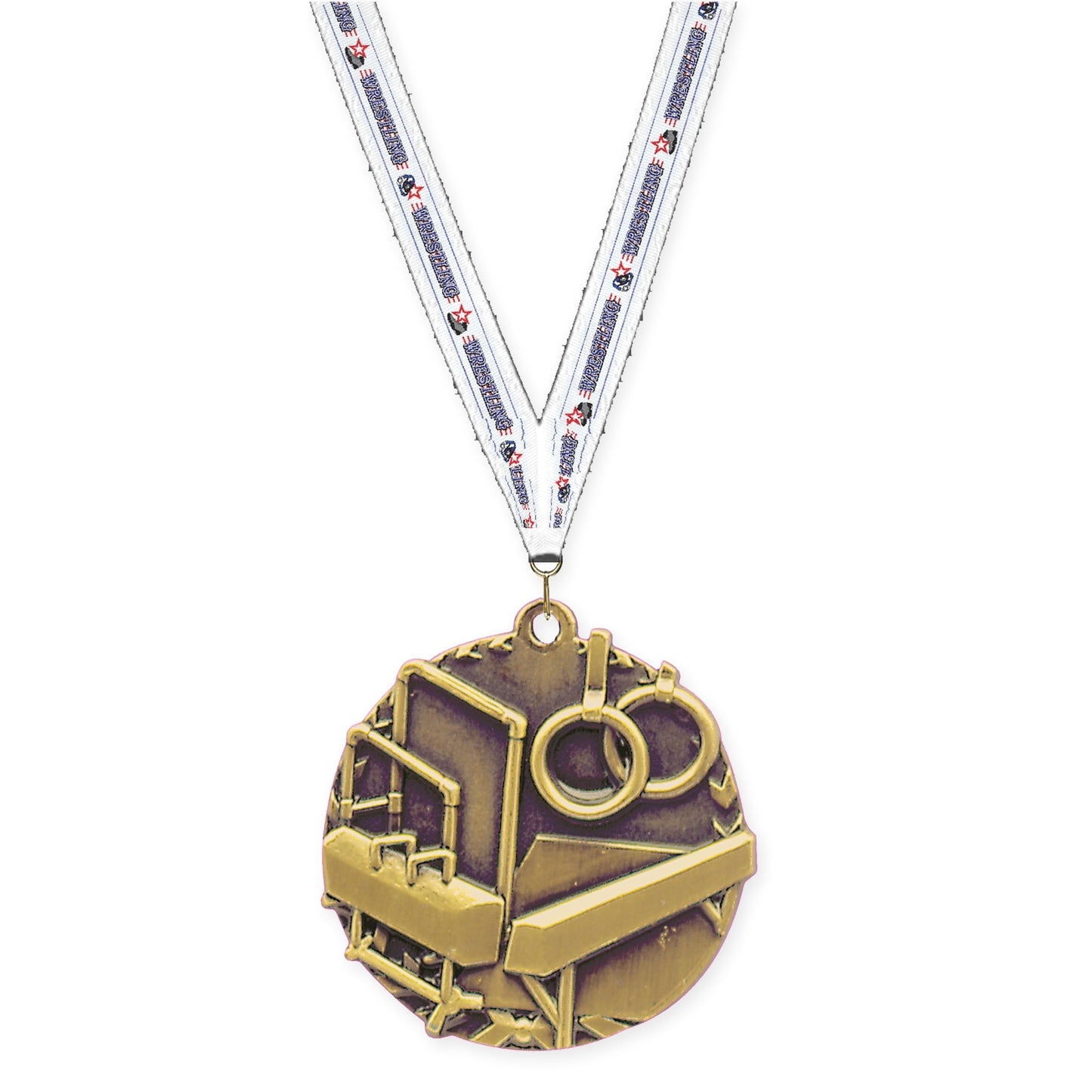 1 3/4 inch gymnastics Millennium medal in antique gold with Wrestling neck ribbon