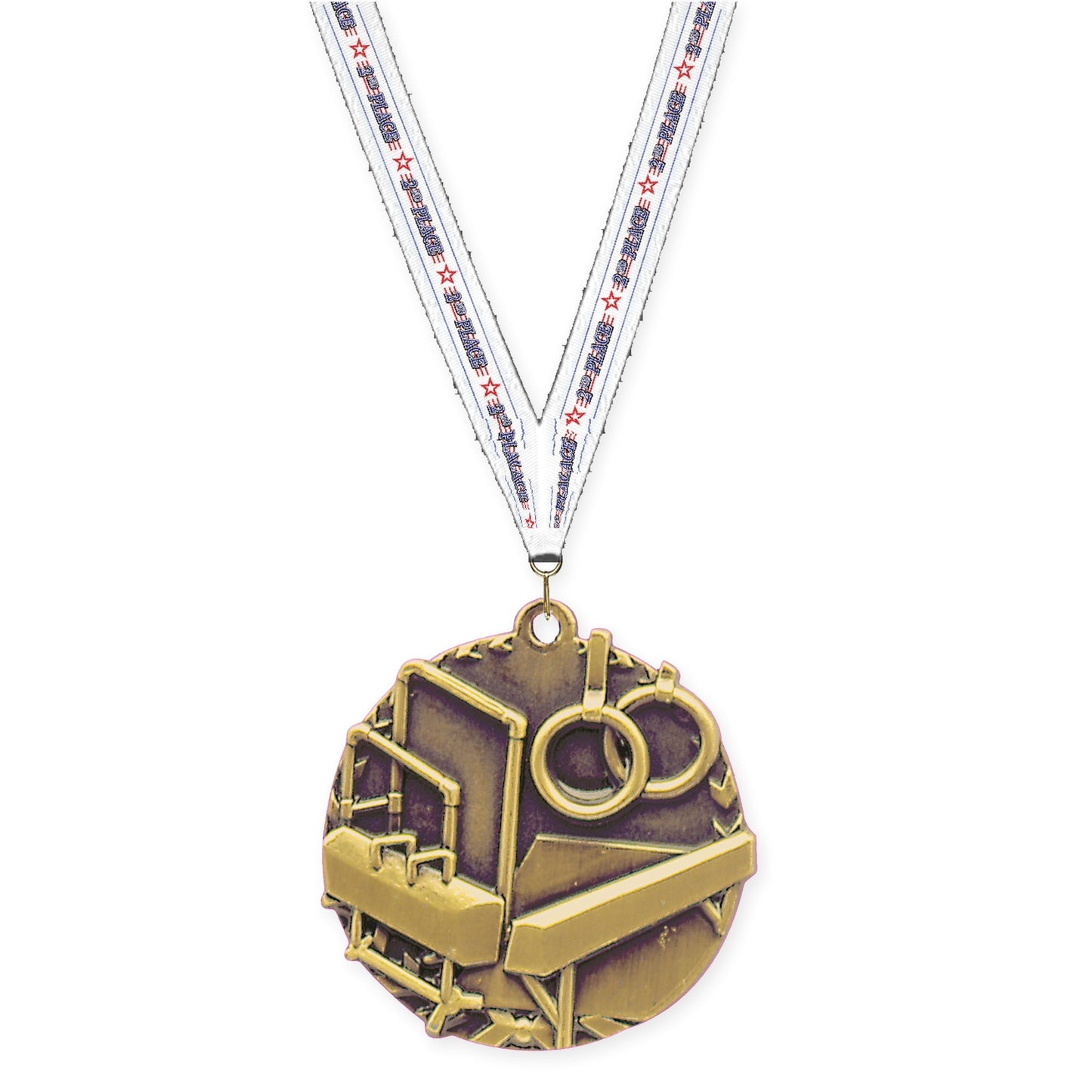 1 3/4 inch gymnastics Millennium medal in antique gold with 2nd Place neck ribbon