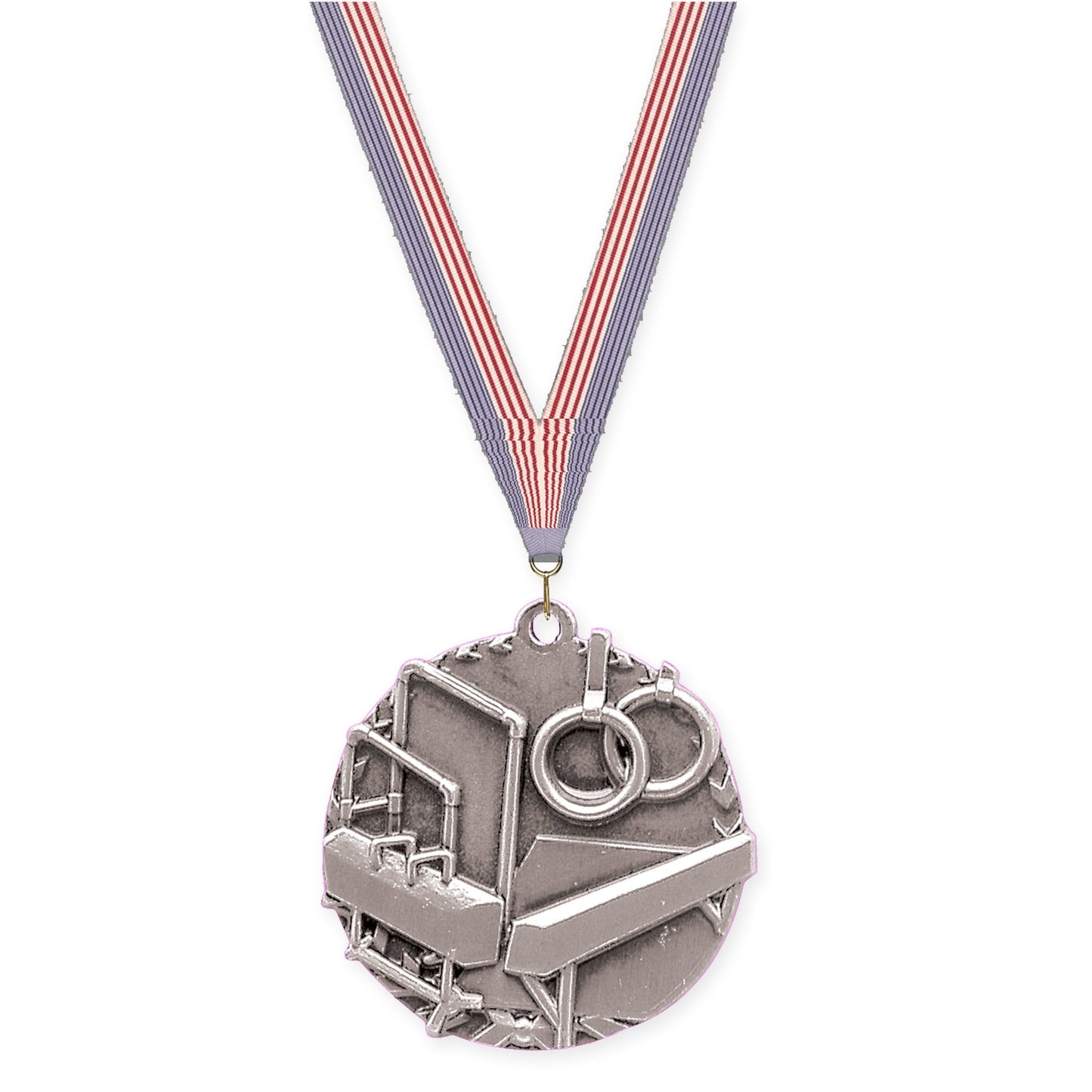 1 3/4 inch gymnastics Millennium medal in antique silver with USA Flag neck ribbon