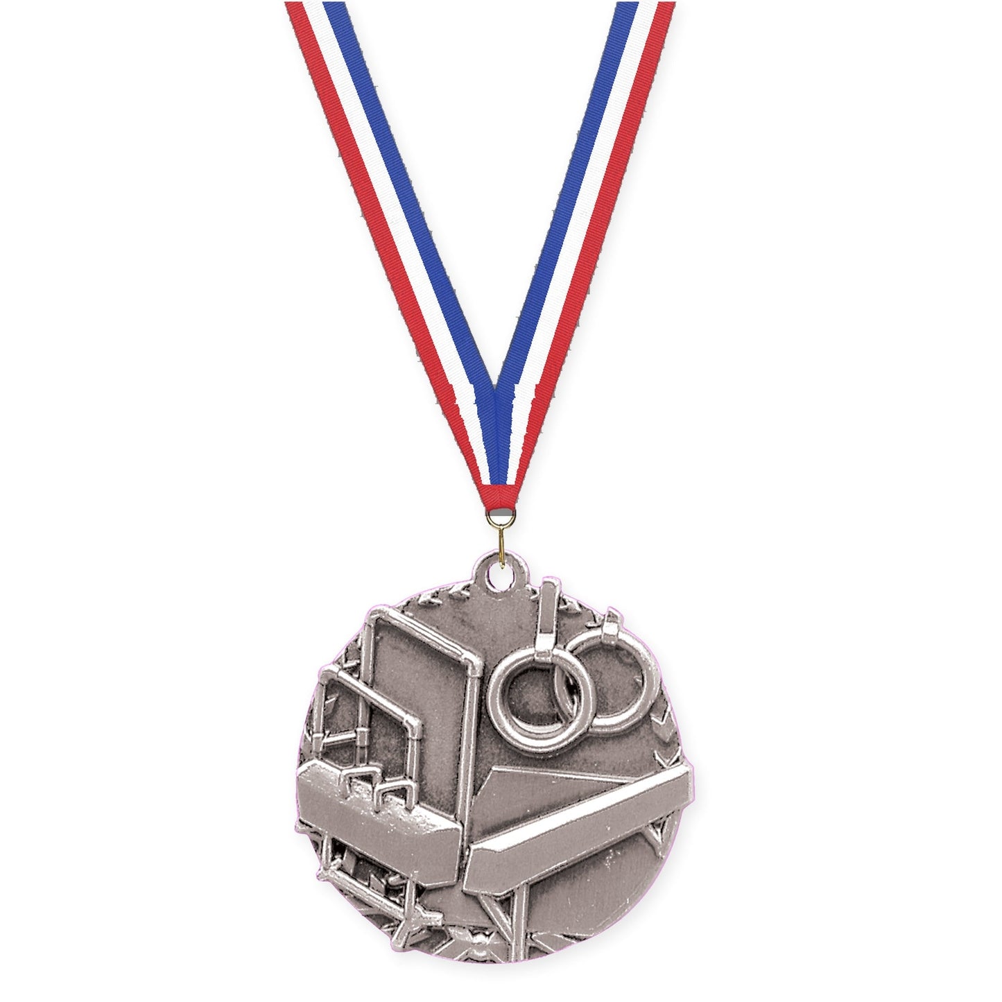 1 3/4 inch gymnastics Millennium medal in antique silver with Red White Blue neck ribbon