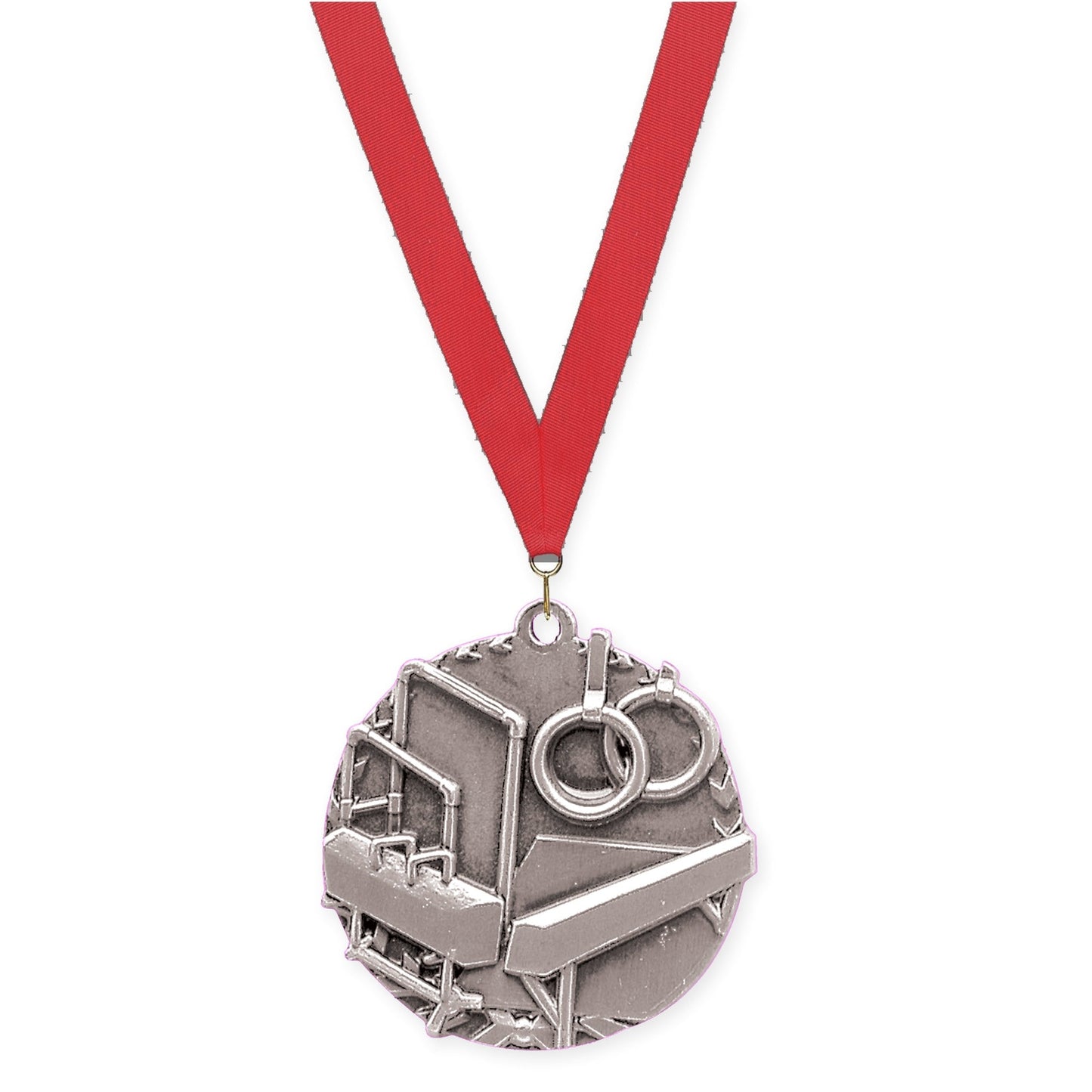 1 3/4 inch gymnastics Millennium medal in antique silver with Red neck ribbon