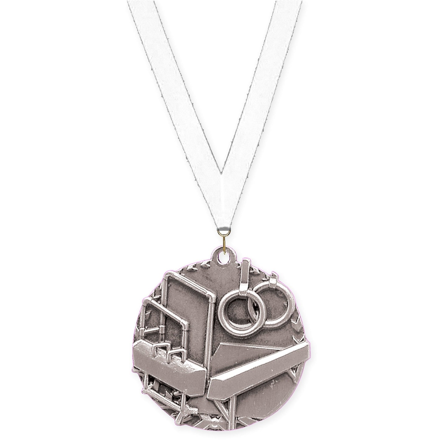 1 3/4 inch gymnastics Millennium medal in antique silver with White neck ribbon