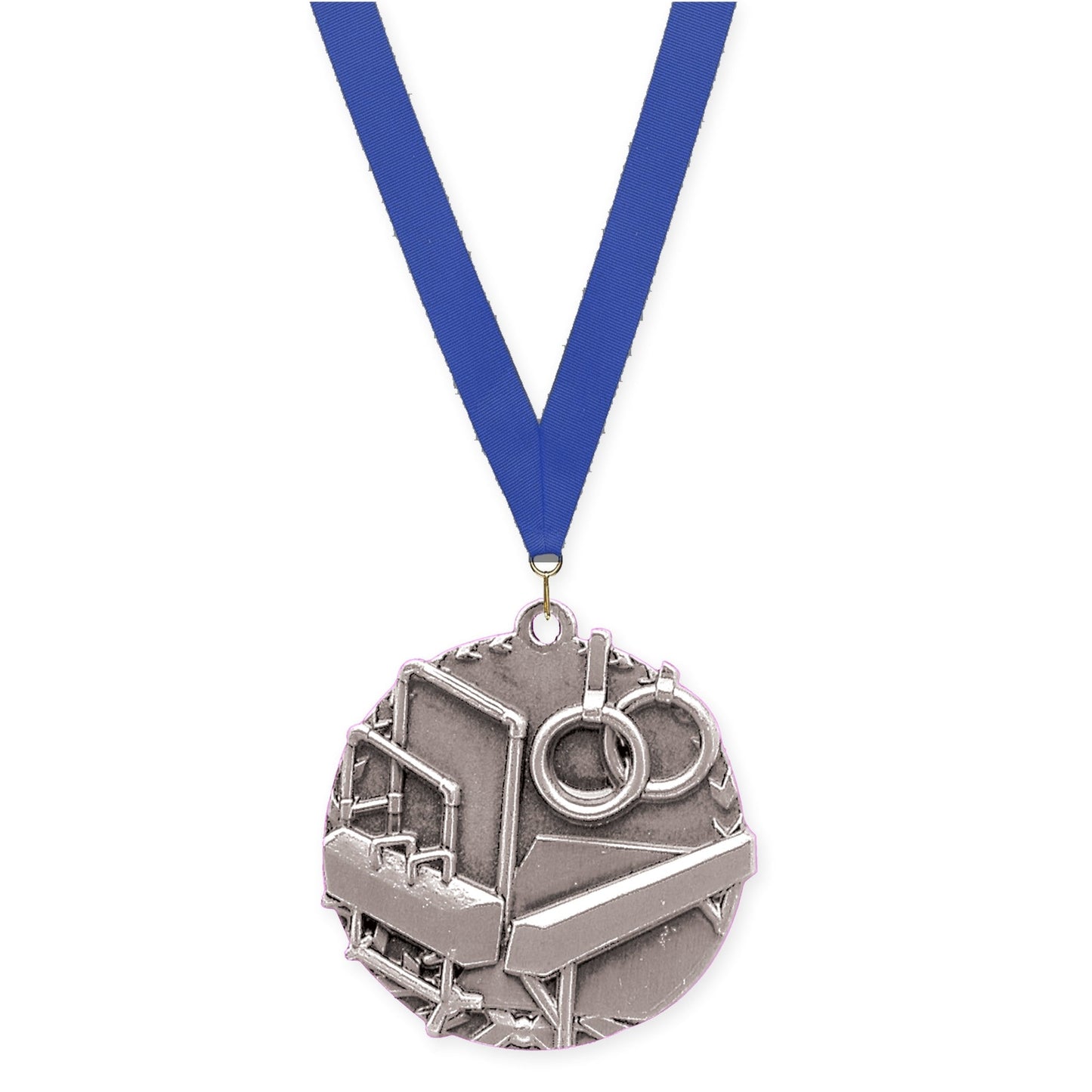 1 3/4 inch gymnastics Millennium medal in antique silver with Blue neck ribbon