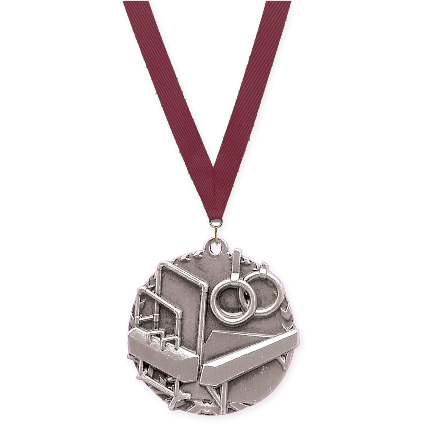1 3/4 inch gymnastics Millennium medal in antique silver with Maroon neck ribbon