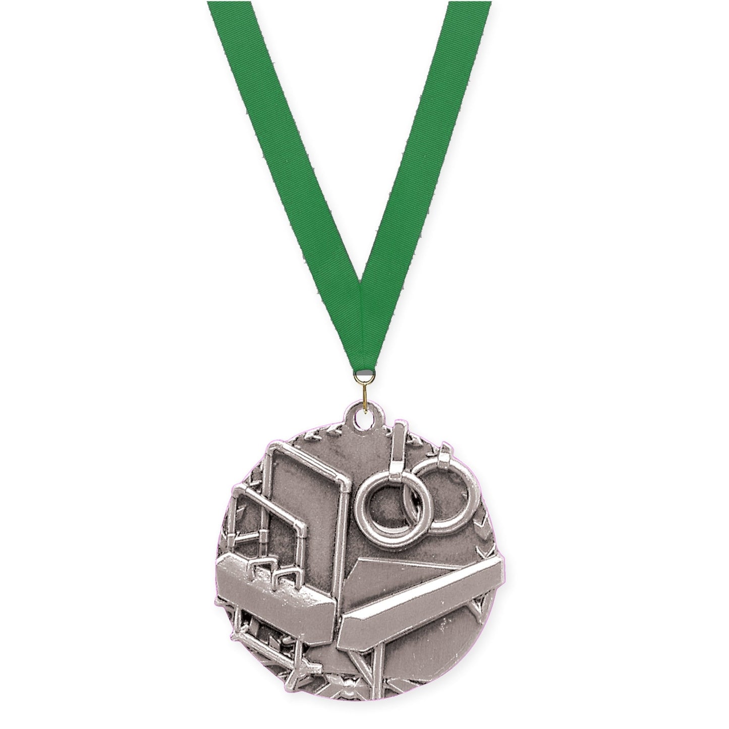 1 3/4 inch gymnastics Millennium medal in antique silver with Green neck ribbon