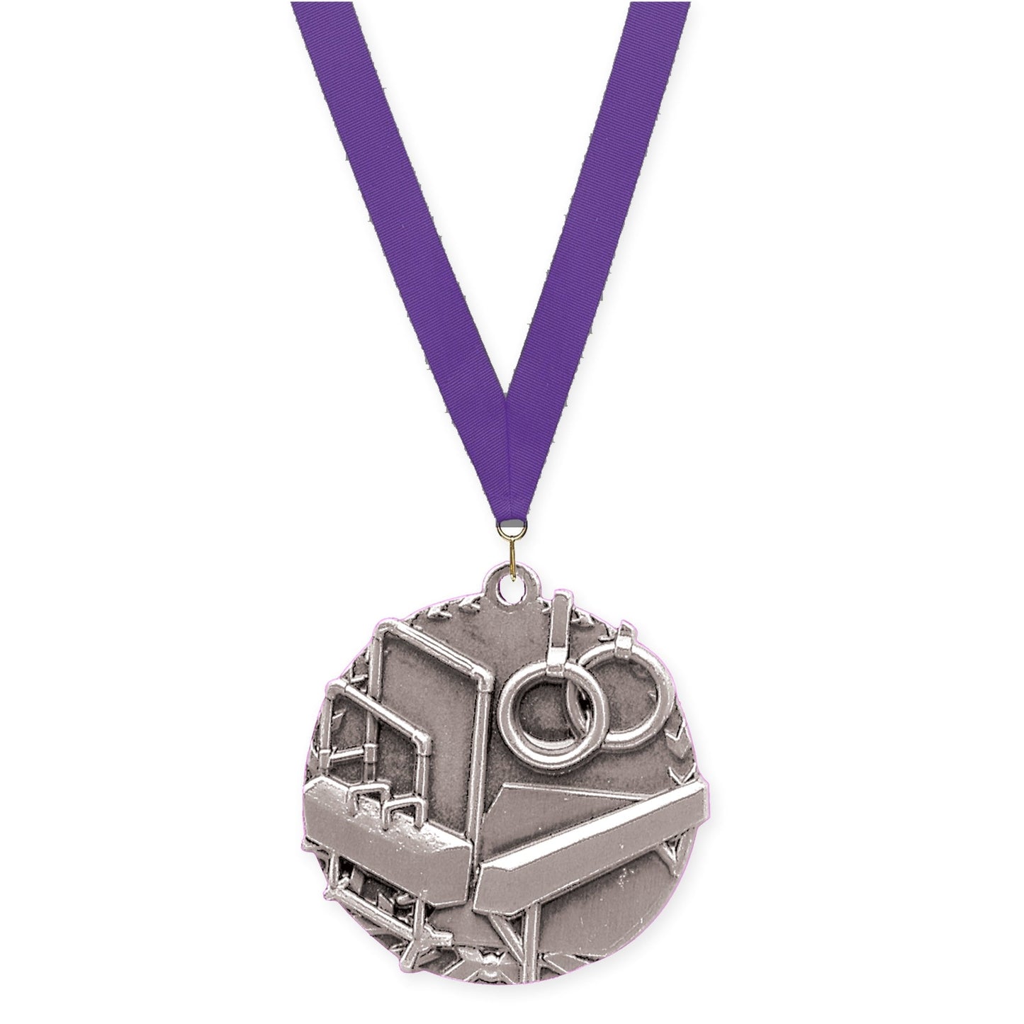 1 3/4 inch gymnastics Millennium medal in antique silver with Purple neck ribbon