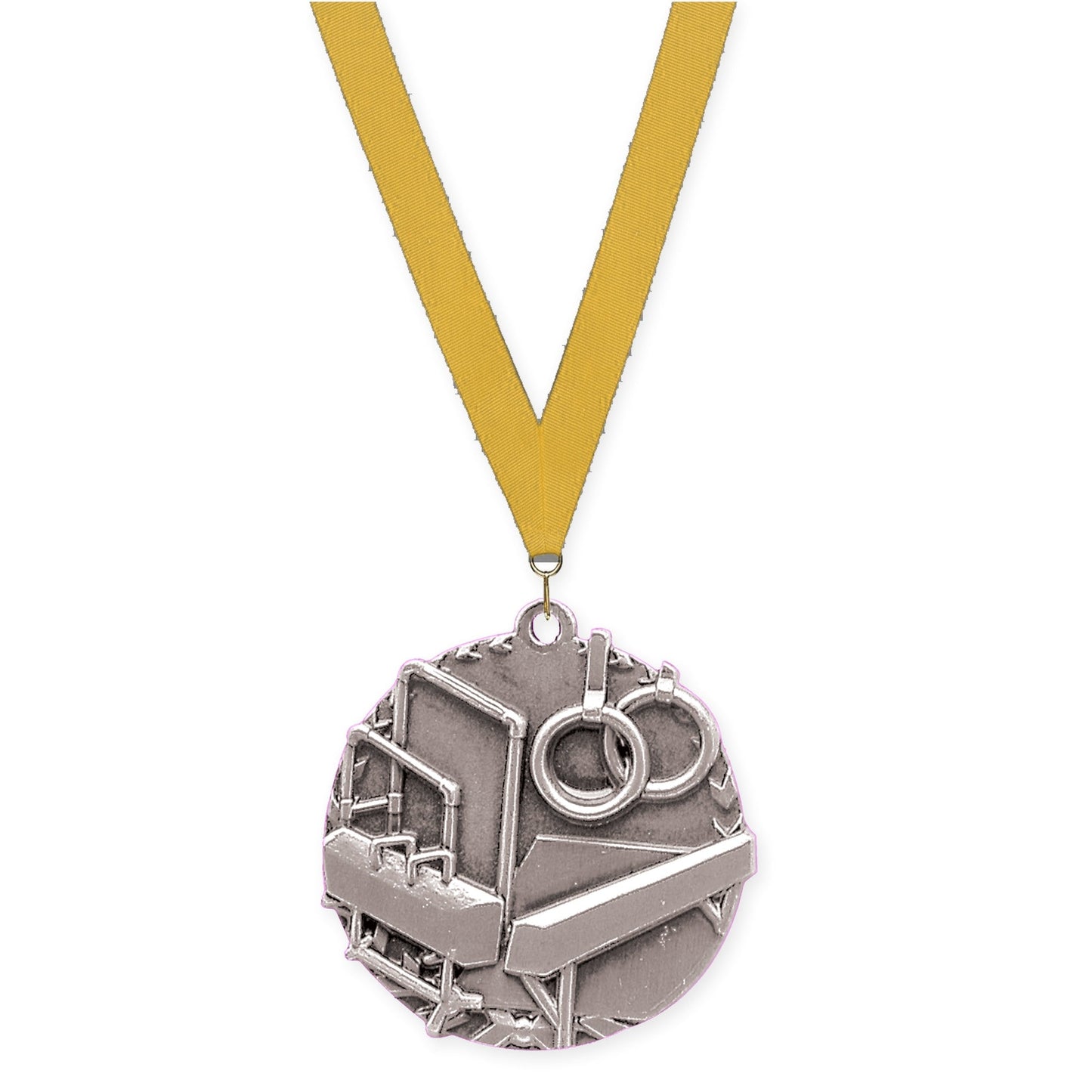 1 3/4 inch gymnastics Millennium medal in antique silver with Gold neck ribbon