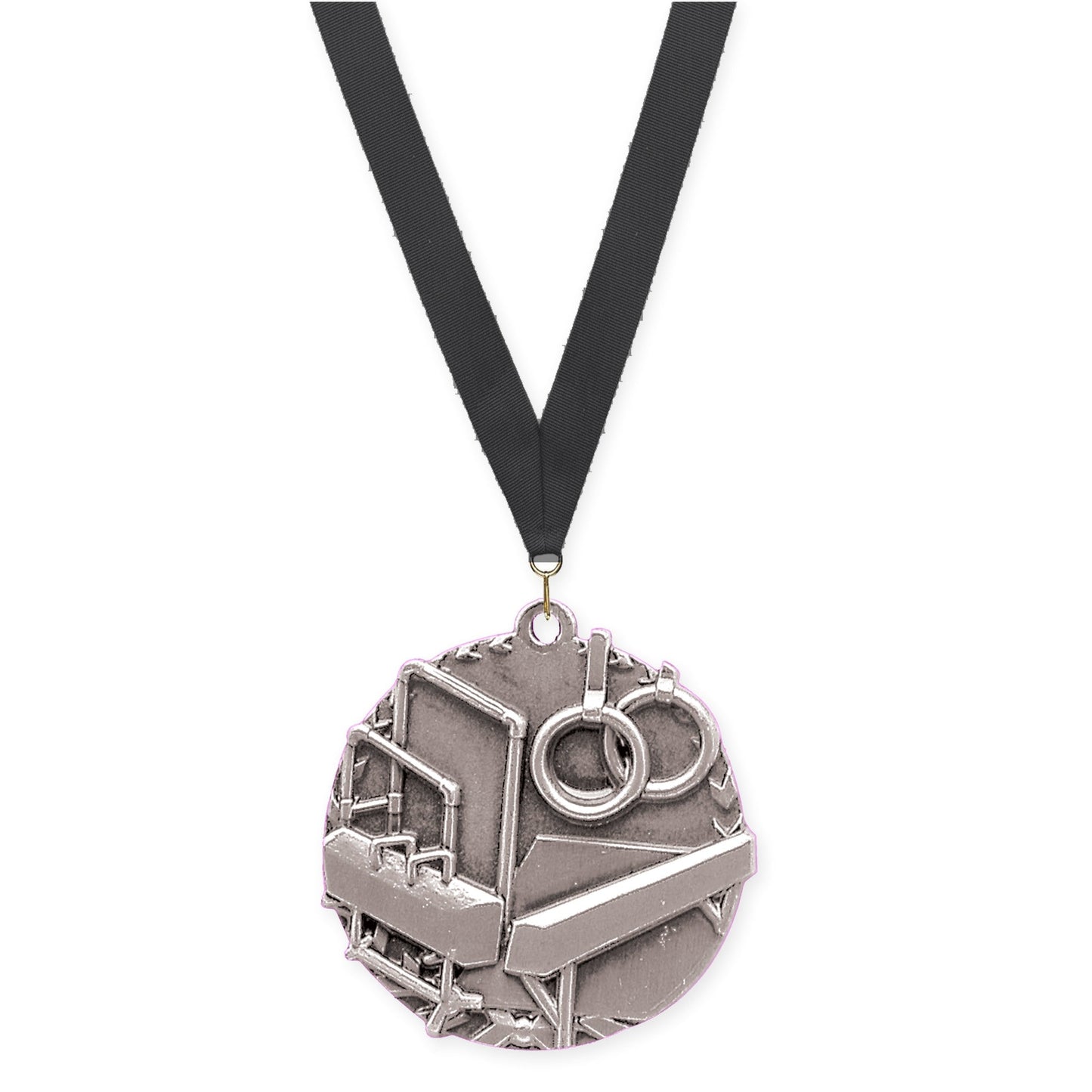 1 3/4 inch gymnastics Millennium medal in antique silver with Black neck ribbon