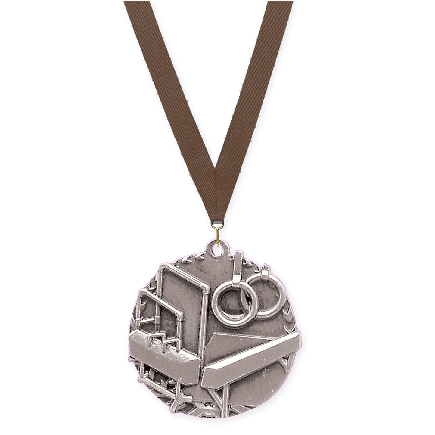 1 3/4 inch gymnastics Millennium medal in antique silver with Brown neck ribbon