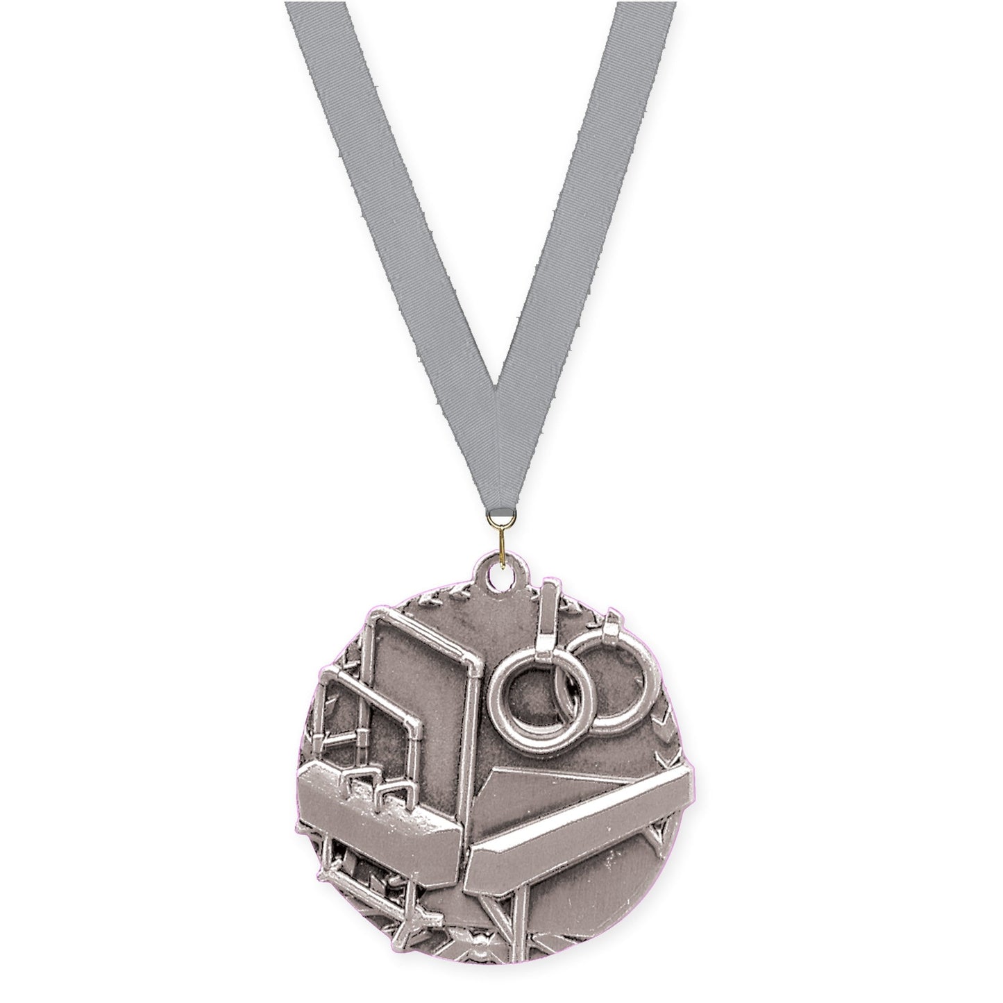 1 3/4 inch gymnastics Millennium medal in antique silver with Gray neck ribbon