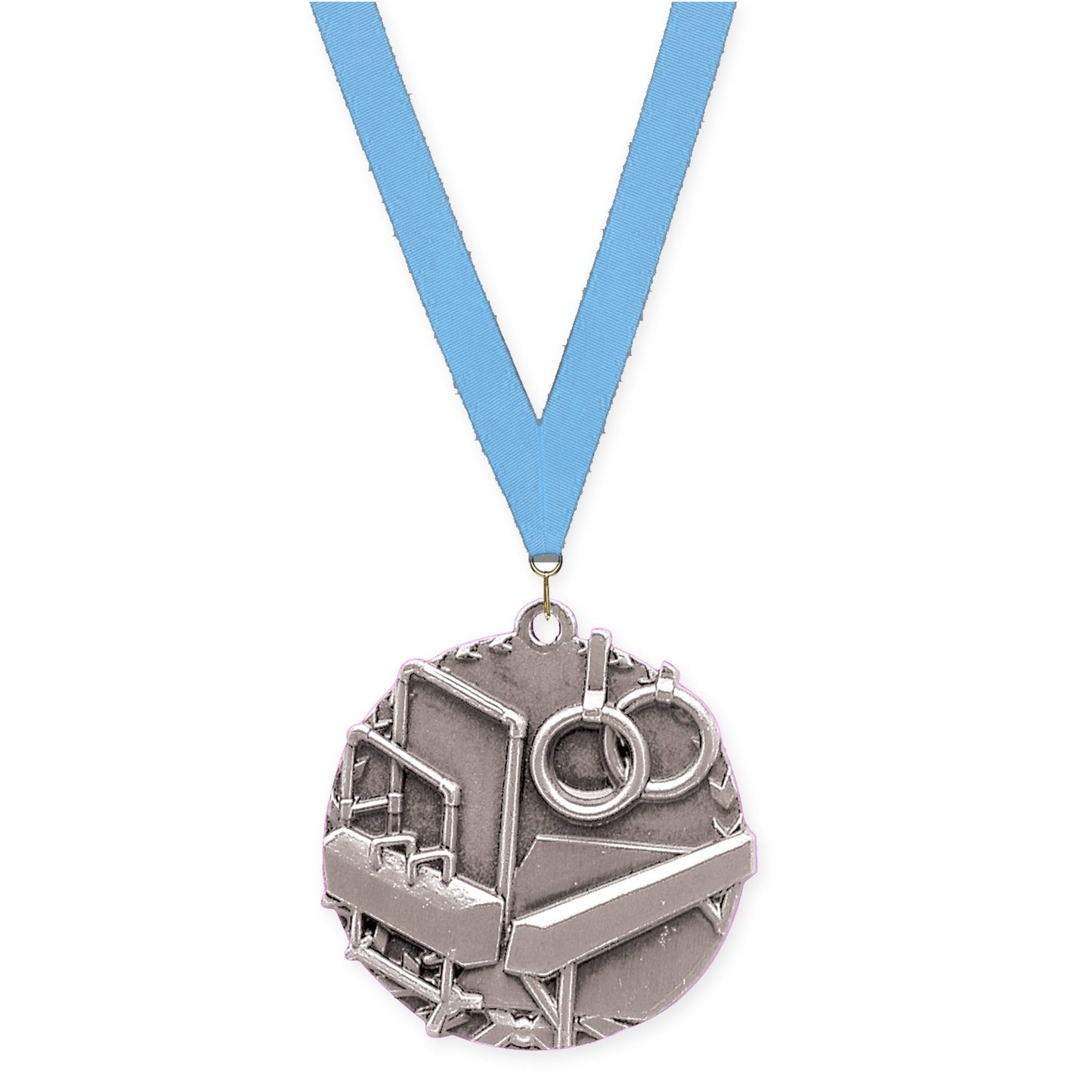 1 3/4 inch gymnastics Millennium medal in antique silver with Light Blue neck ribbon