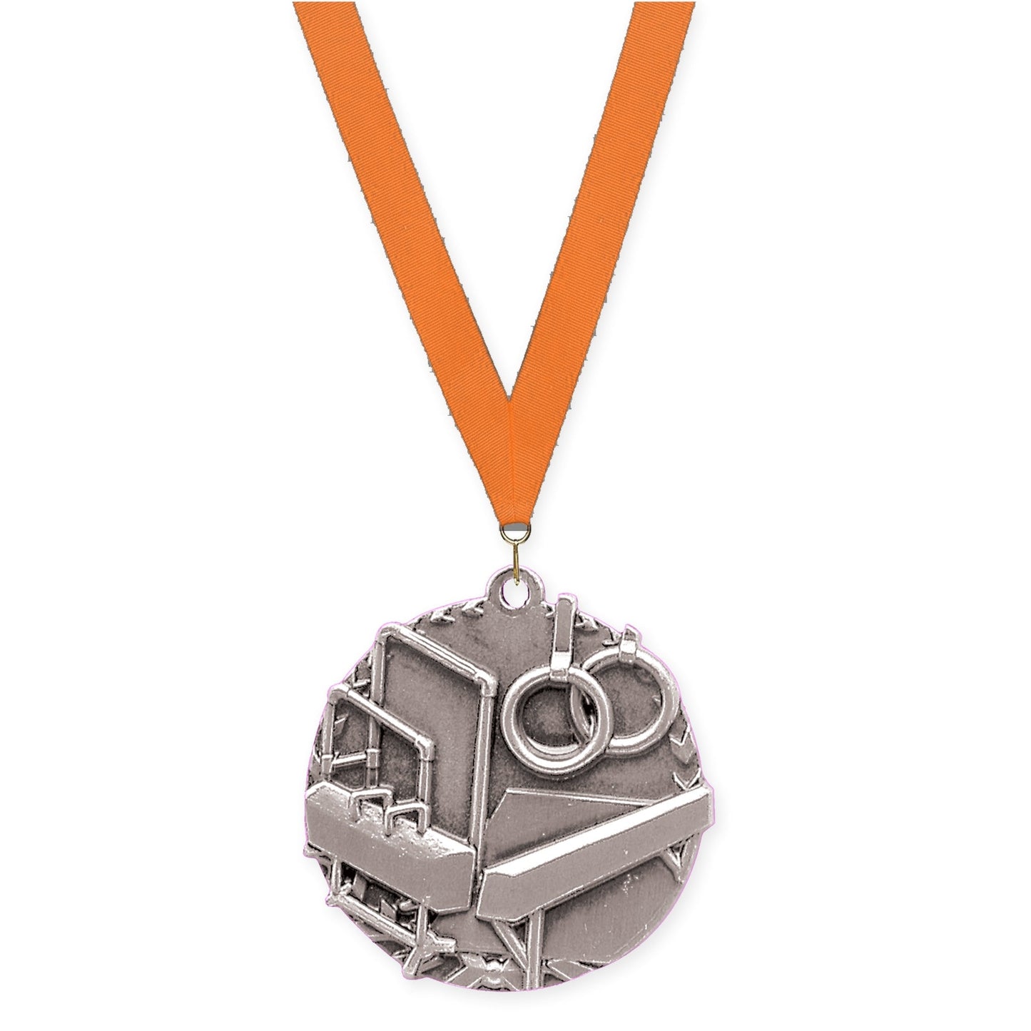1 3/4 inch gymnastics Millennium medal in antique silver with Orange neck ribbon
