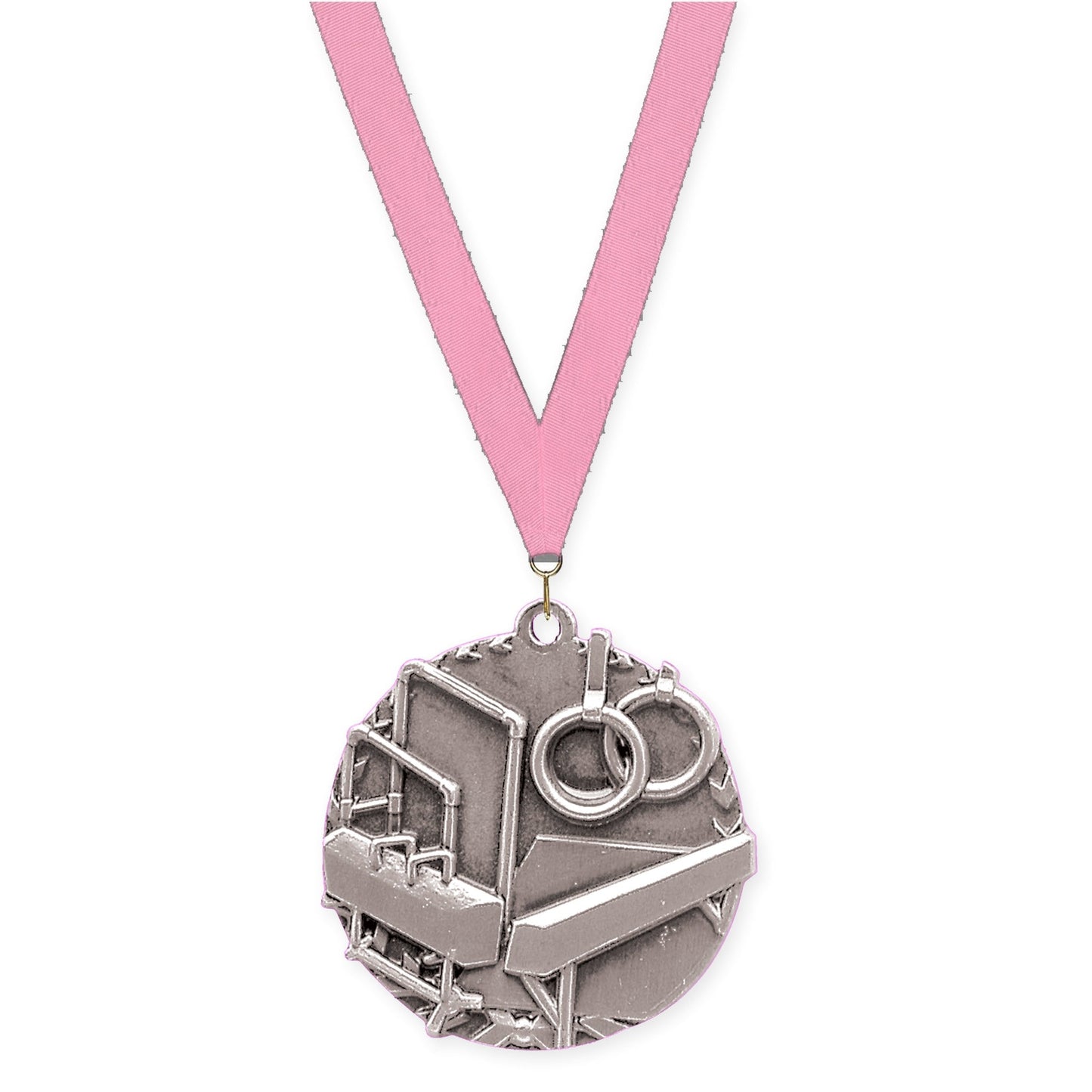 1 3/4 inch gymnastics Millennium medal in antique silver with Pink neck ribbon