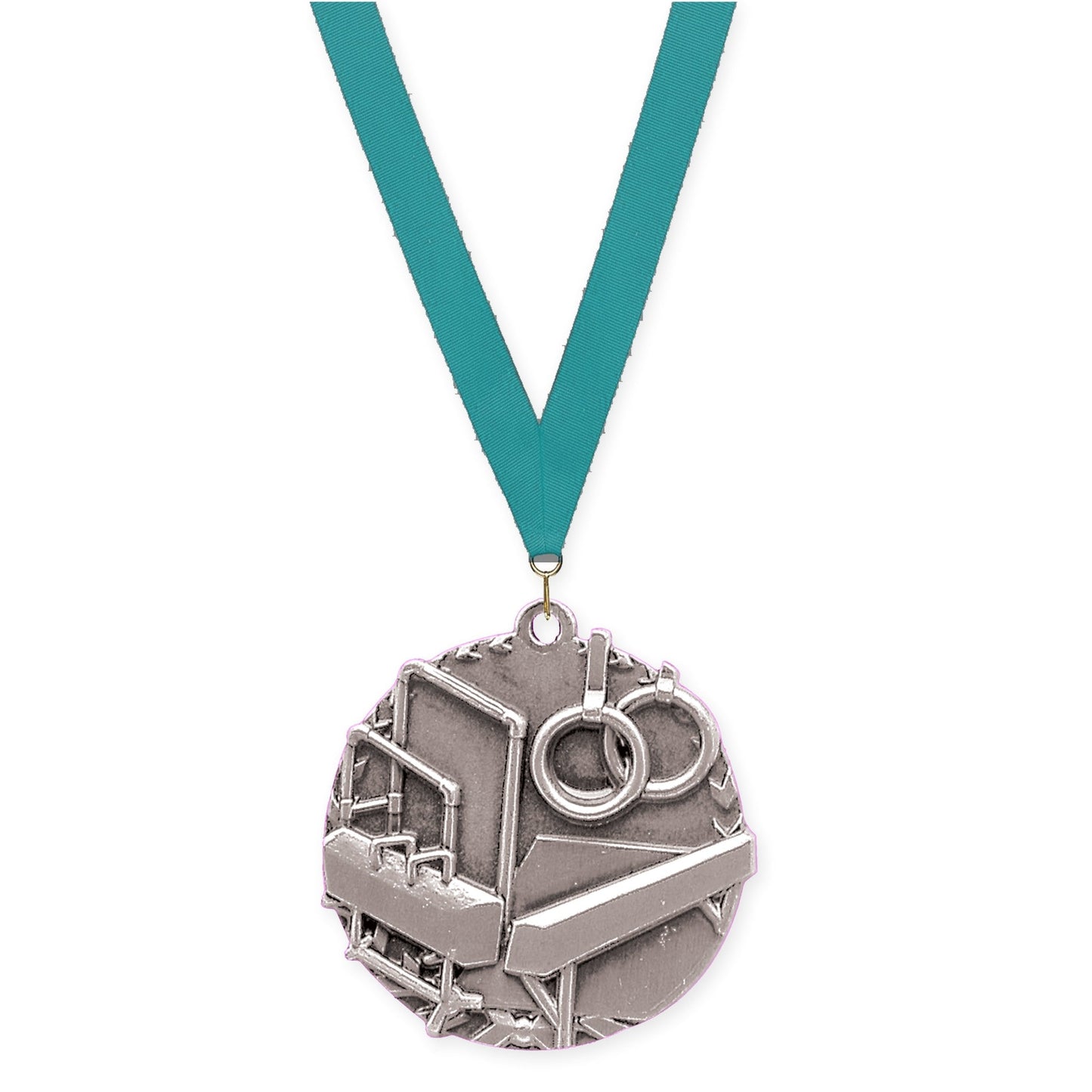 1 3/4 inch gymnastics Millennium medal in antique silver with Teal neck ribbon