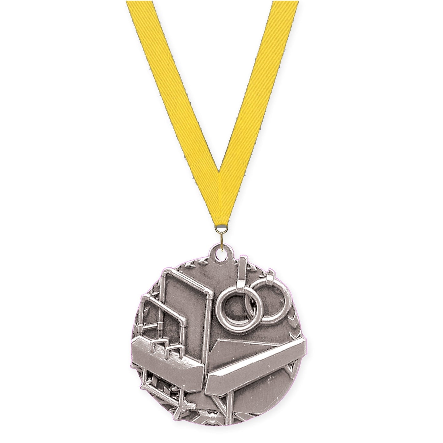 1 3/4 inch gymnastics Millennium medal in antique silver with Yellow neck ribbon