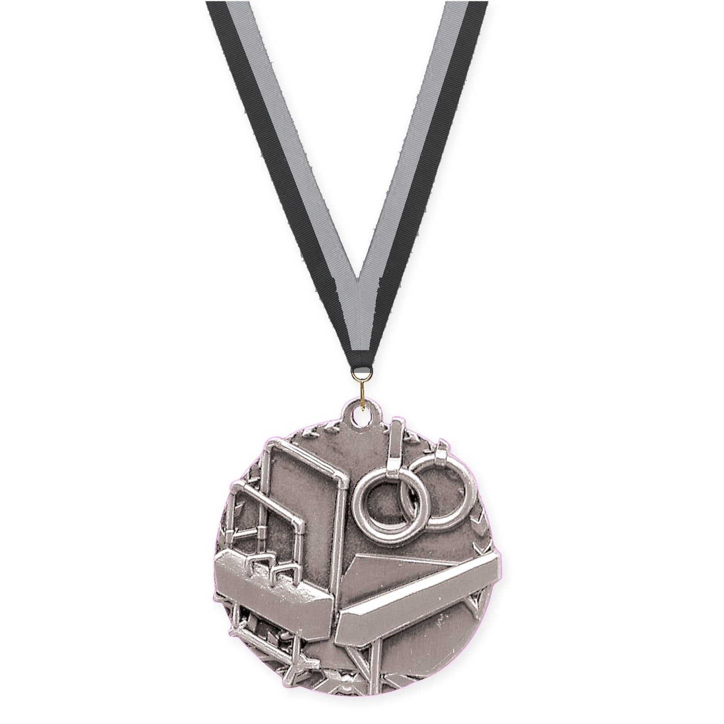 1 3/4 inch gymnastics Millennium medal in antique silver with Black Gray neck ribbon