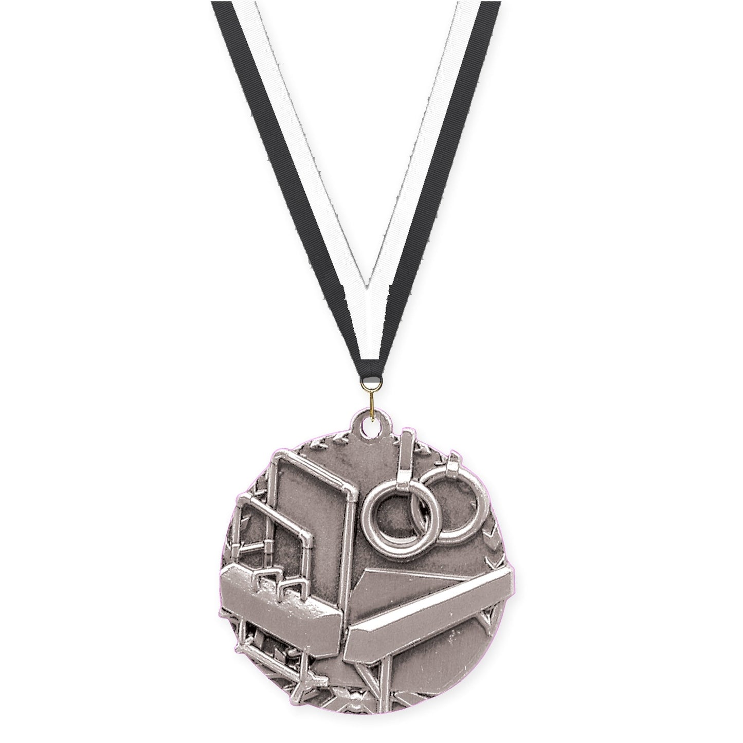1 3/4 inch gymnastics Millennium medal in antique silver with Black White neck ribbon