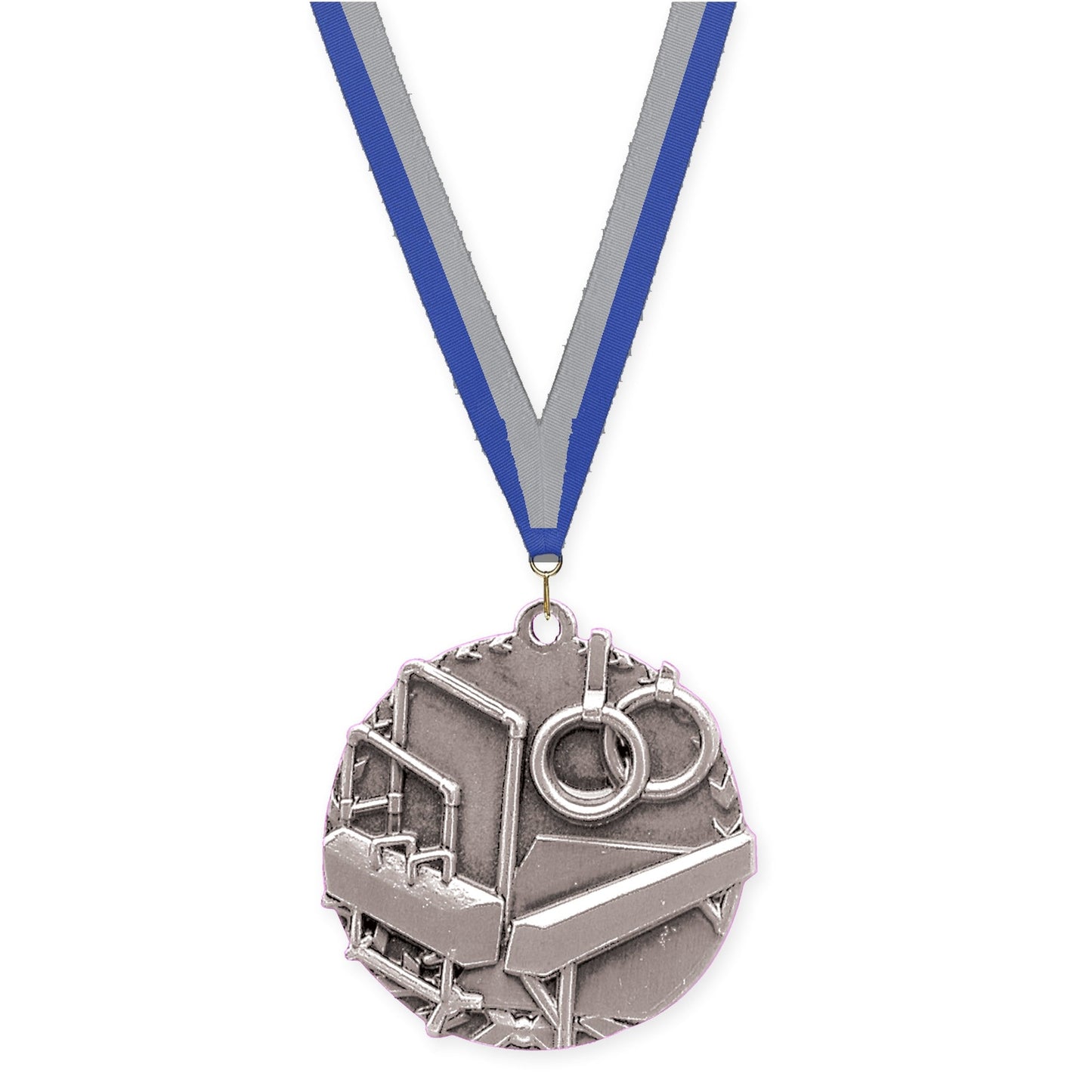 1 3/4 inch gymnastics Millennium medal in antique silver with Blue Gray neck ribbon