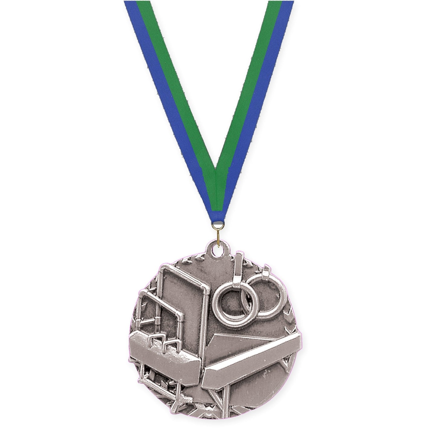 1 3/4 inch gymnastics Millennium medal in antique silver with Blue Green neck ribbon