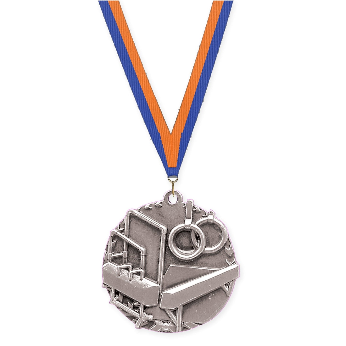 1 3/4 inch gymnastics Millennium medal in antique silver with Blue Orange neck ribbon