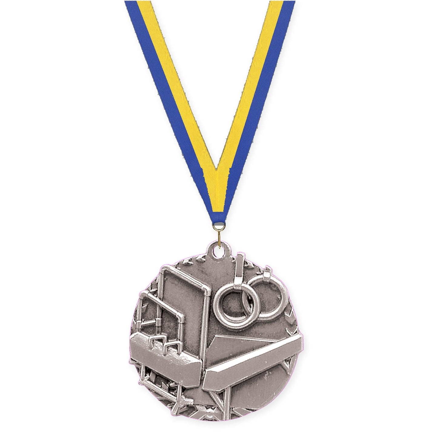 1 3/4 inch gymnastics Millennium medal in antique silver with Blue Yellow neck ribbon