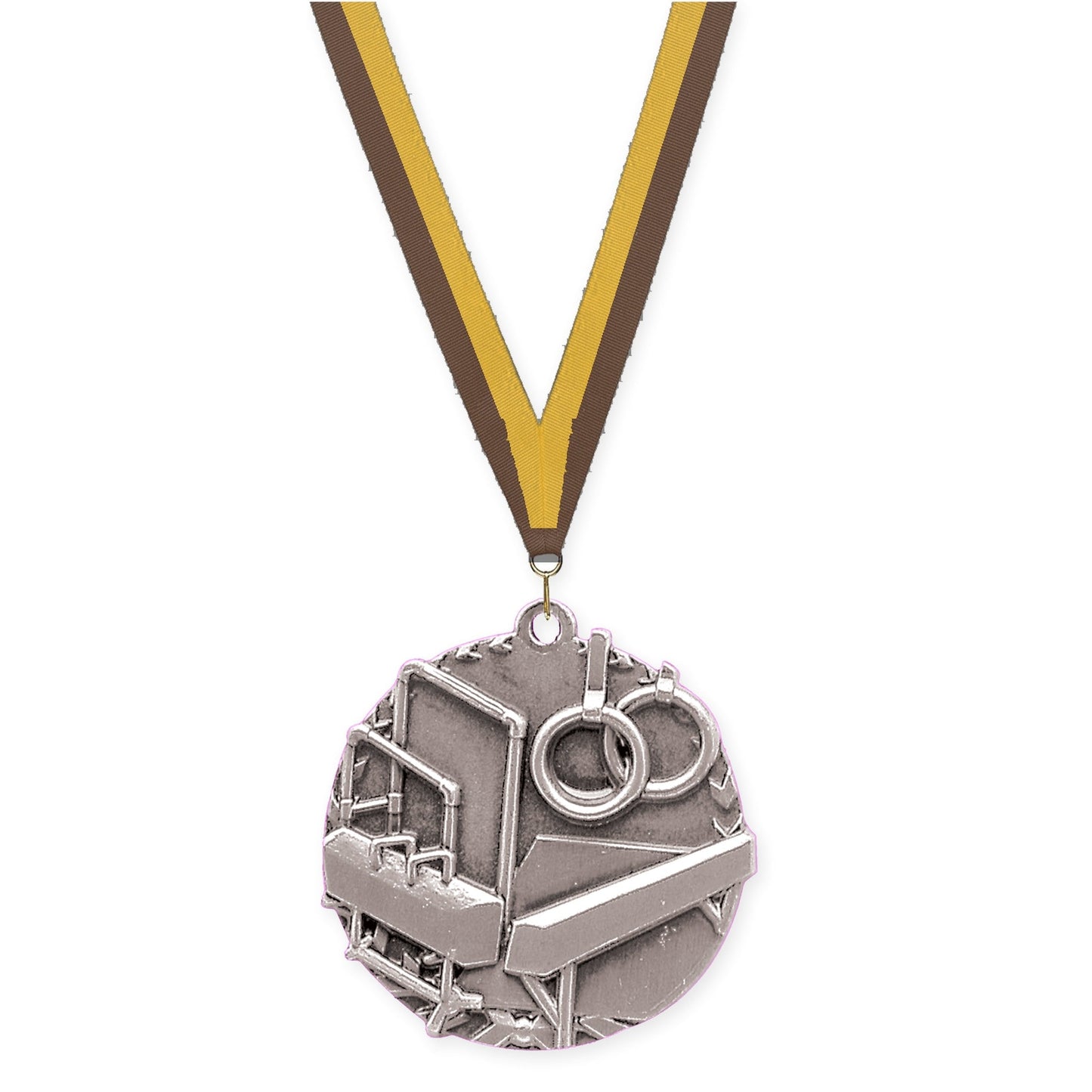 1 3/4 inch gymnastics Millennium medal in antique silver with Brown Gold neck ribbon