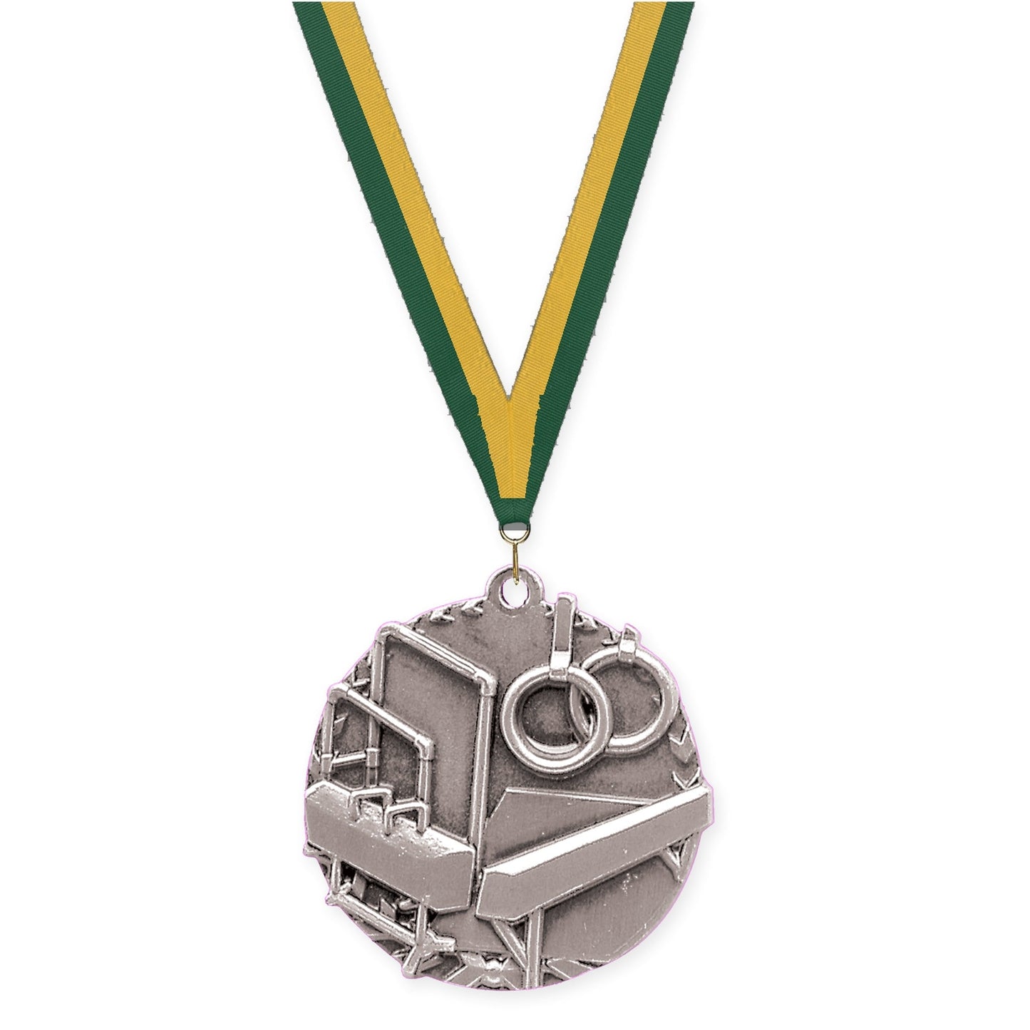 1 3/4 inch gymnastics Millennium medal in antique silver with Hunter Green Gold neck ribbon
