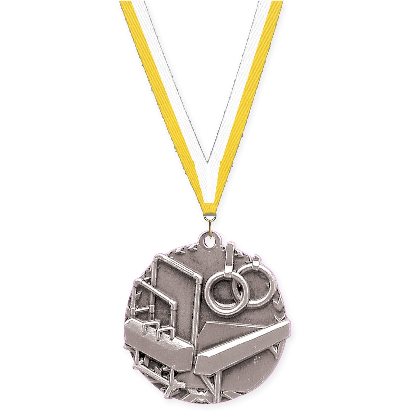 1 3/4 inch gymnastics Millennium medal in antique silver with Yellow White neck ribbon