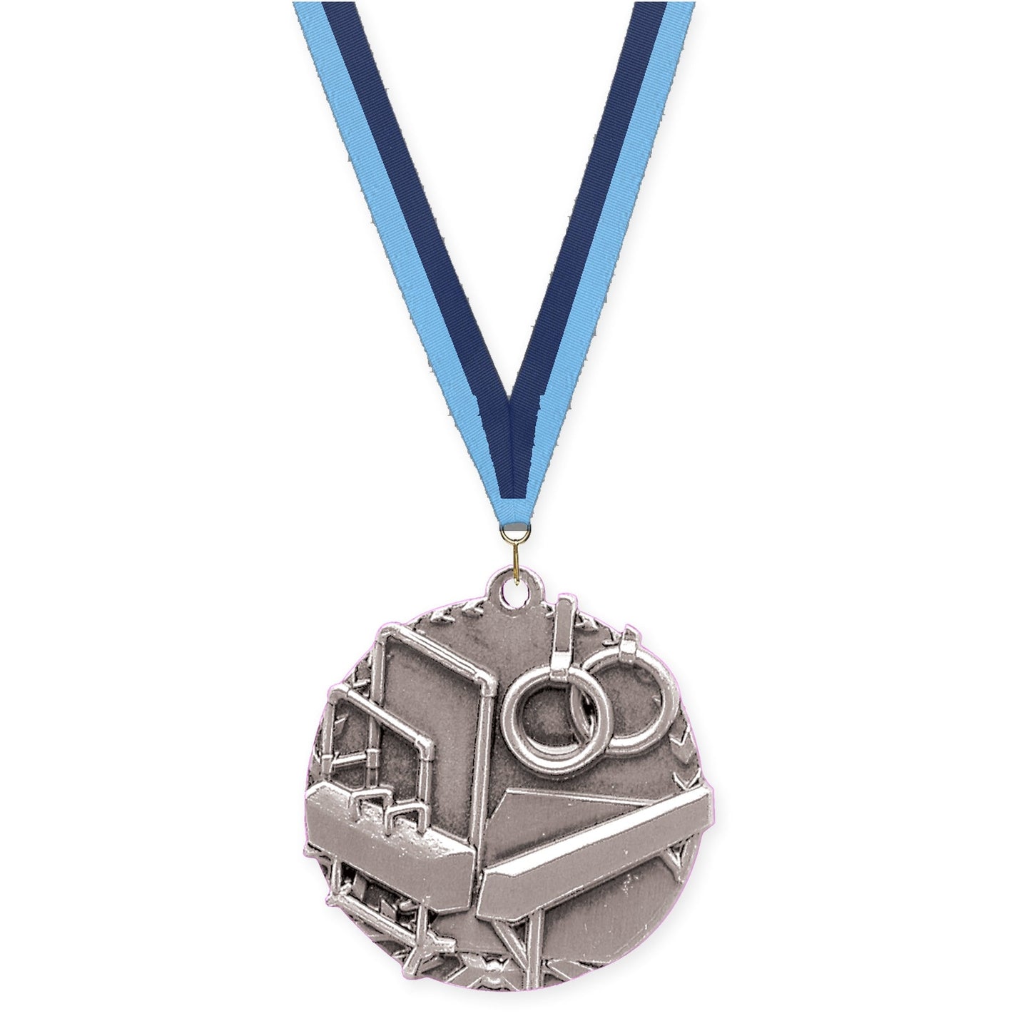 1 3/4 inch gymnastics Millennium medal in antique silver with Light Blue Navy neck ribbon