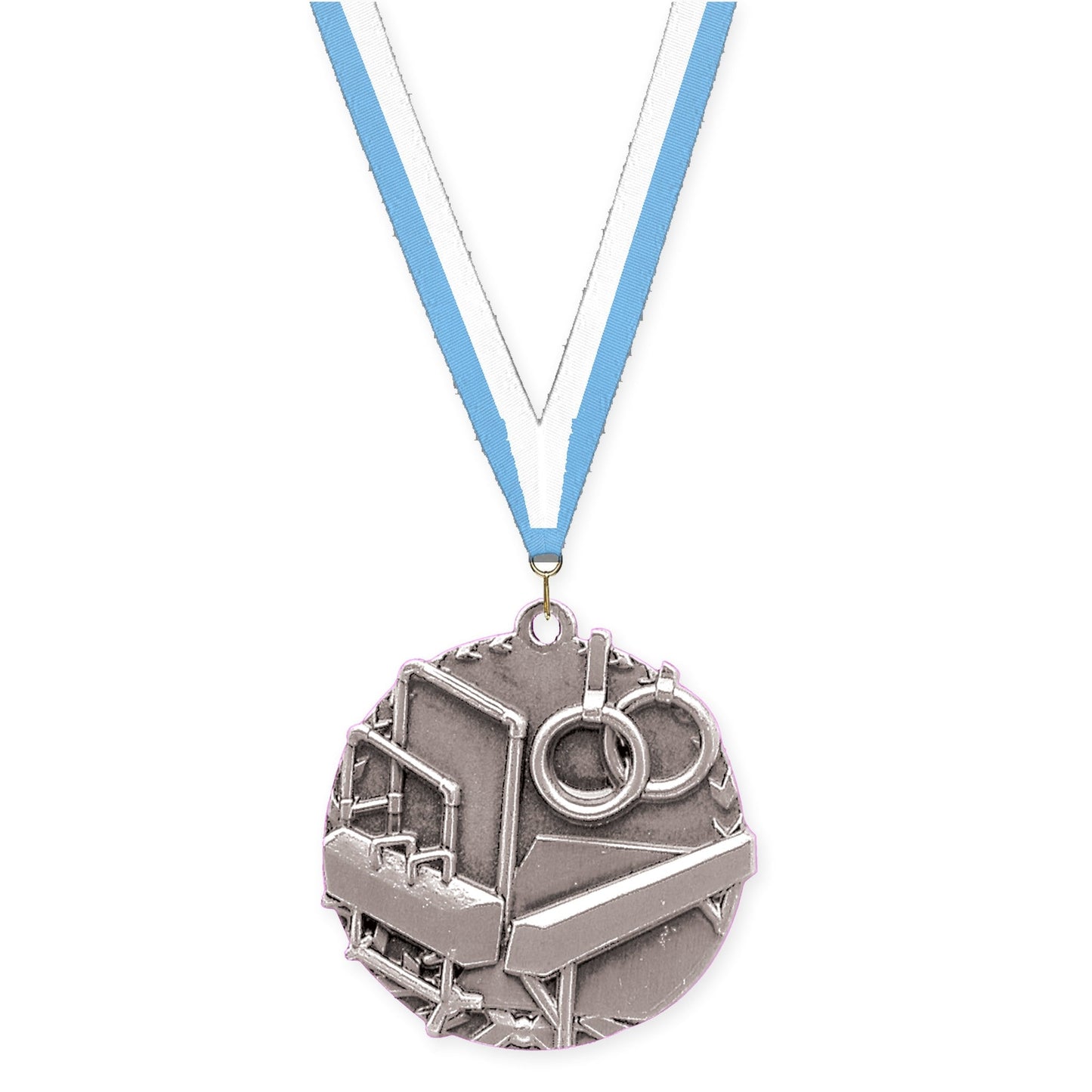 1 3/4 inch gymnastics Millennium medal in antique silver with Light Blue White neck ribbon