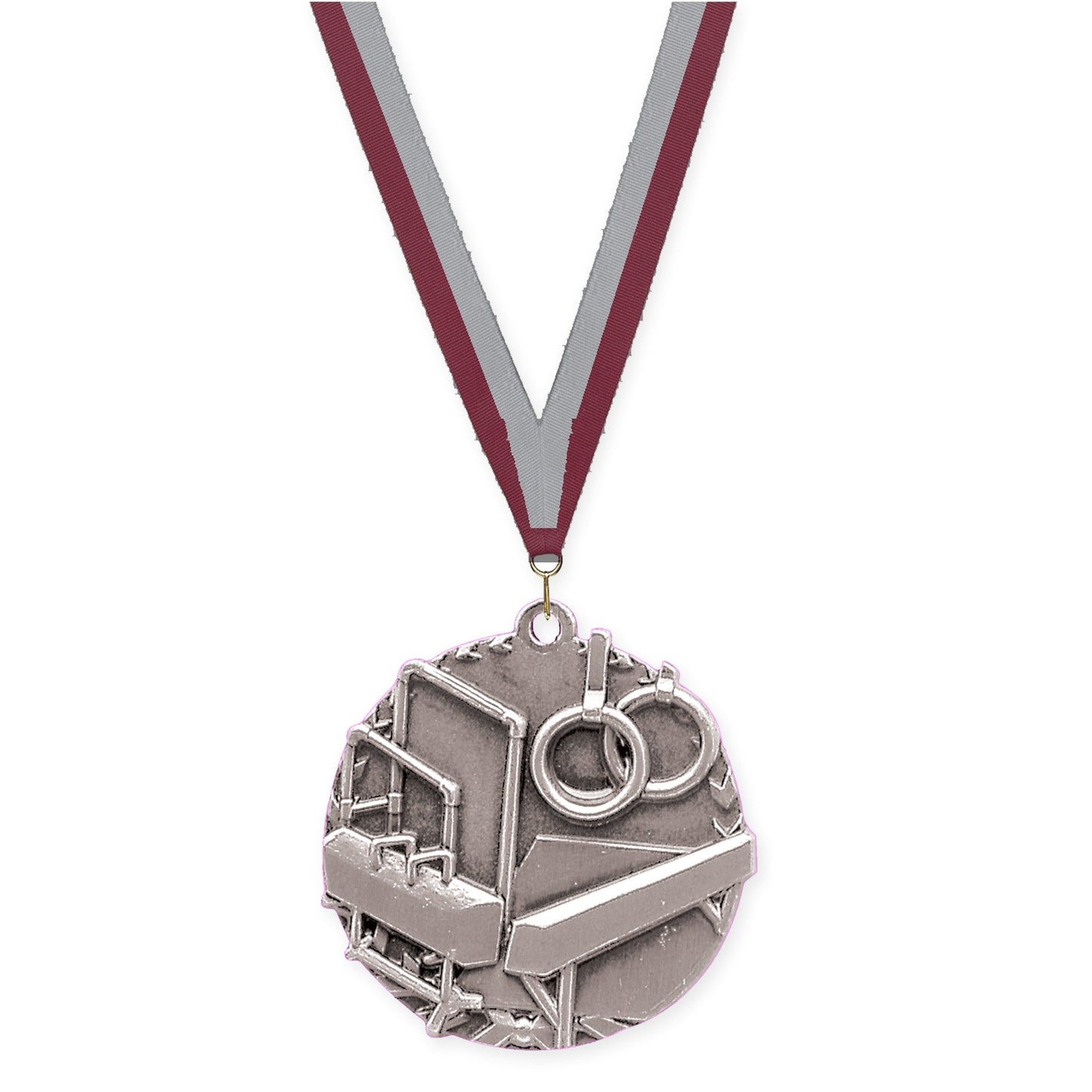 1 3/4 inch gymnastics Millennium medal in antique silver with Maroon Gray neck ribbon