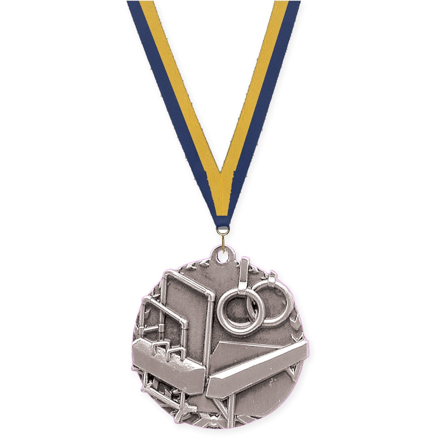1 3/4 inch gymnastics Millennium medal in antique silver with Navy Gold neck ribbon