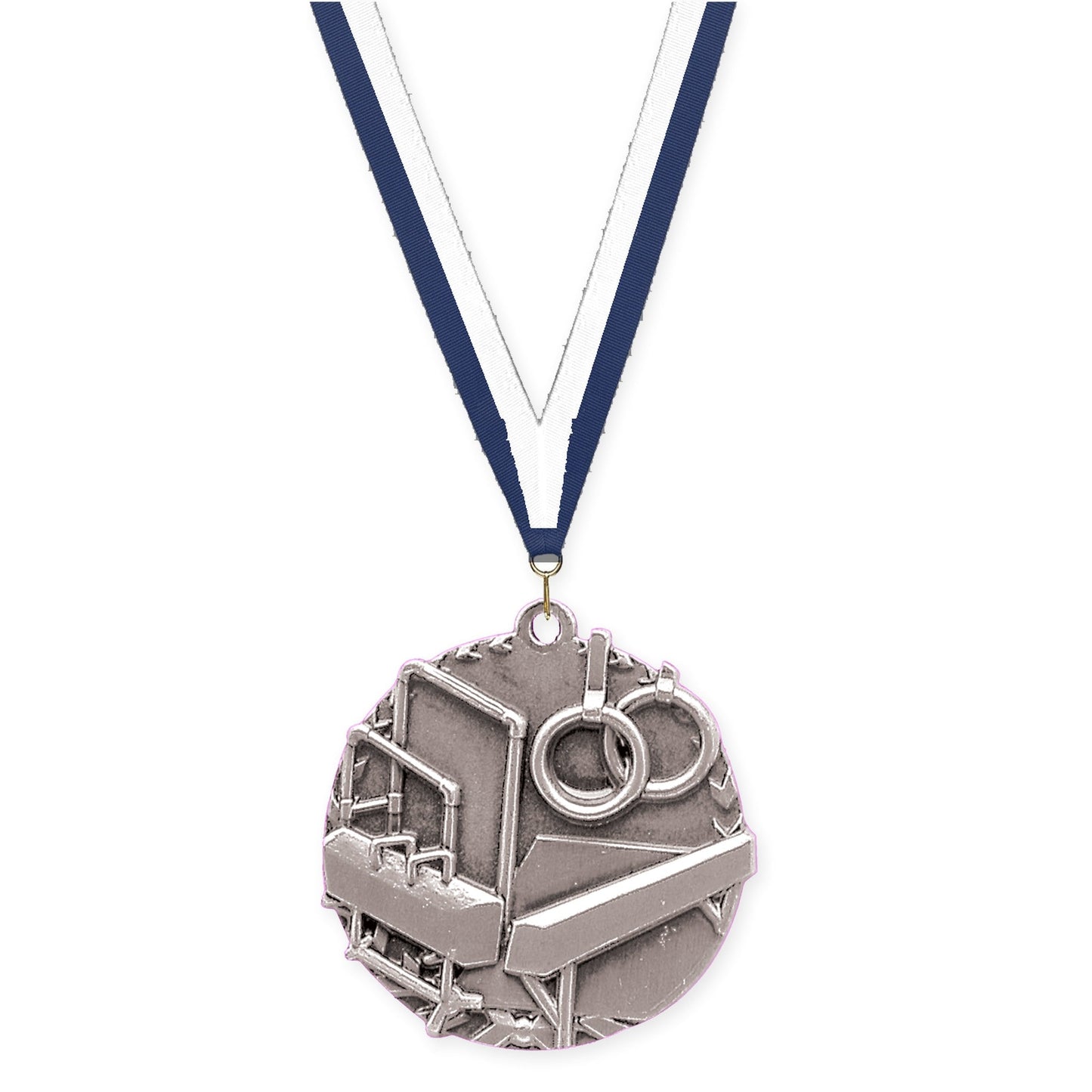1 3/4 inch gymnastics Millennium medal in antique silver with Navy White neck ribbon
