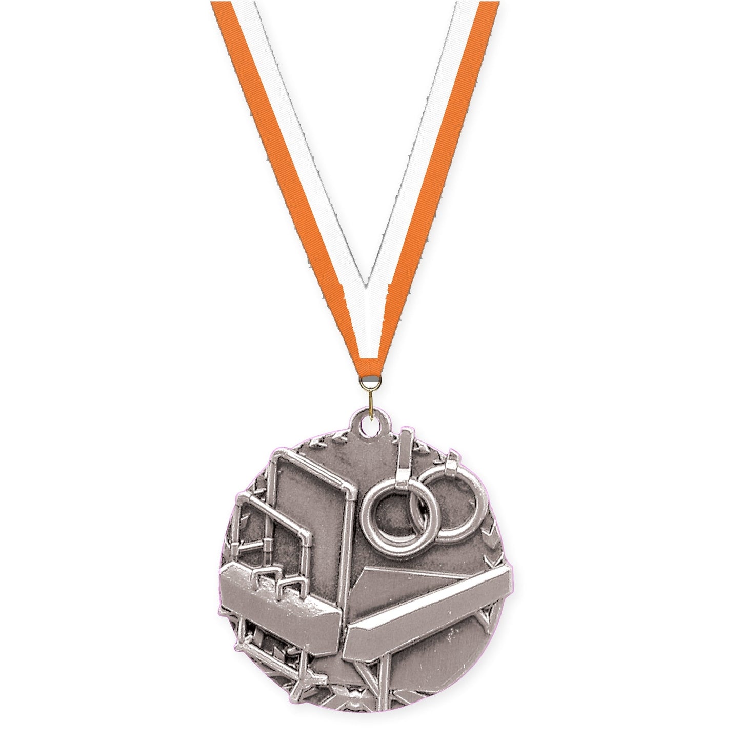 1 3/4 inch gymnastics Millennium medal in antique silver with Orange White neck ribbon