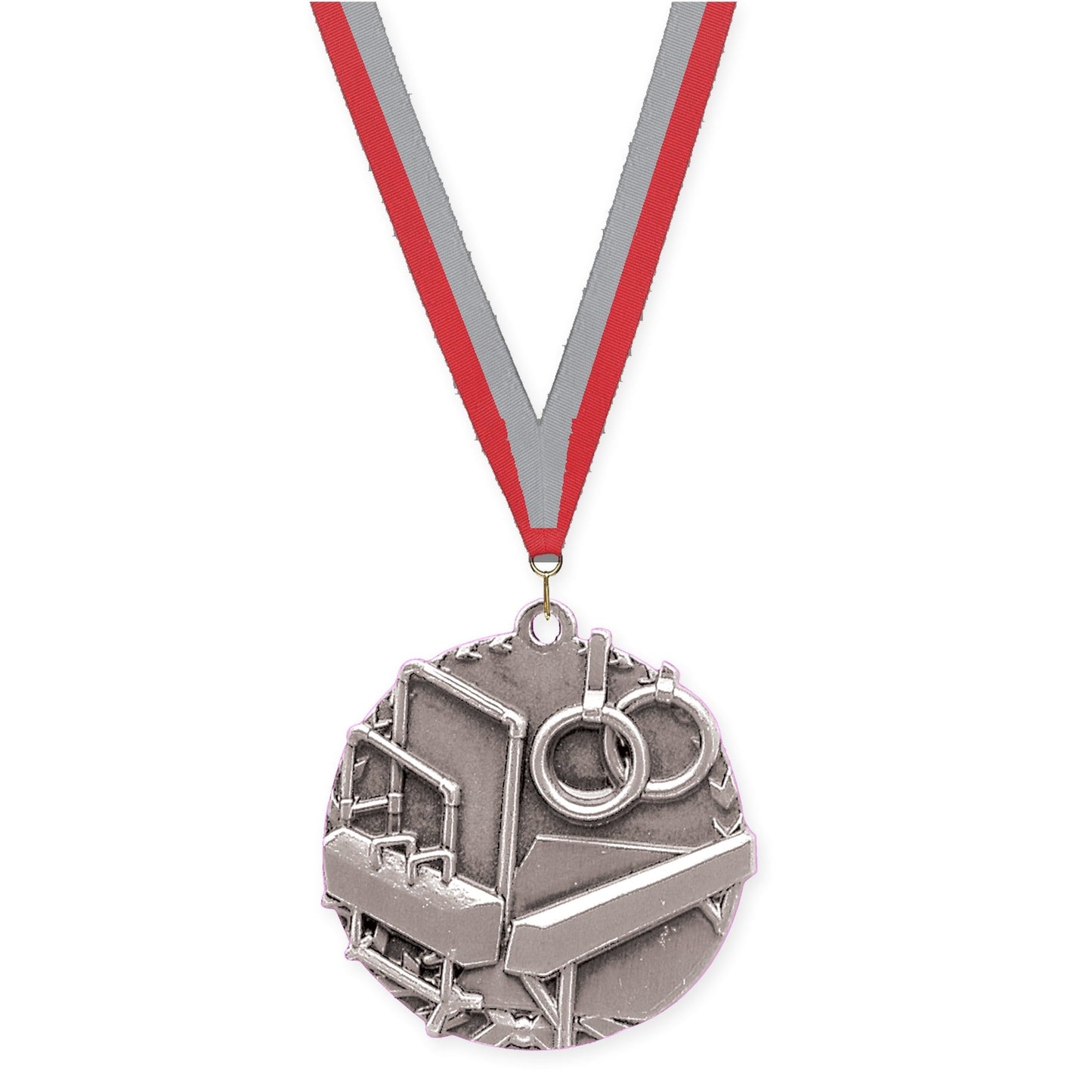 1 3/4 inch gymnastics Millennium medal in antique silver with Red Gray neck ribbon
