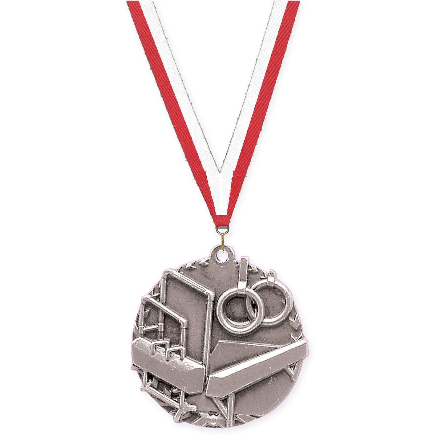 1 3/4 inch gymnastics Millennium medal in antique silver with Red White neck ribbon