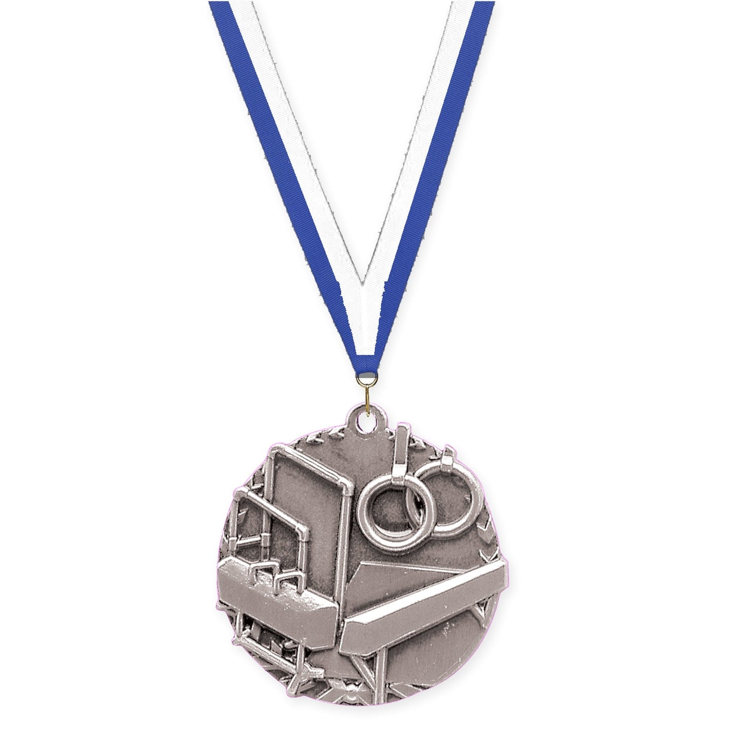 1 3/4 inch gymnastics Millennium medal in antique silver with Blue White neck ribbon